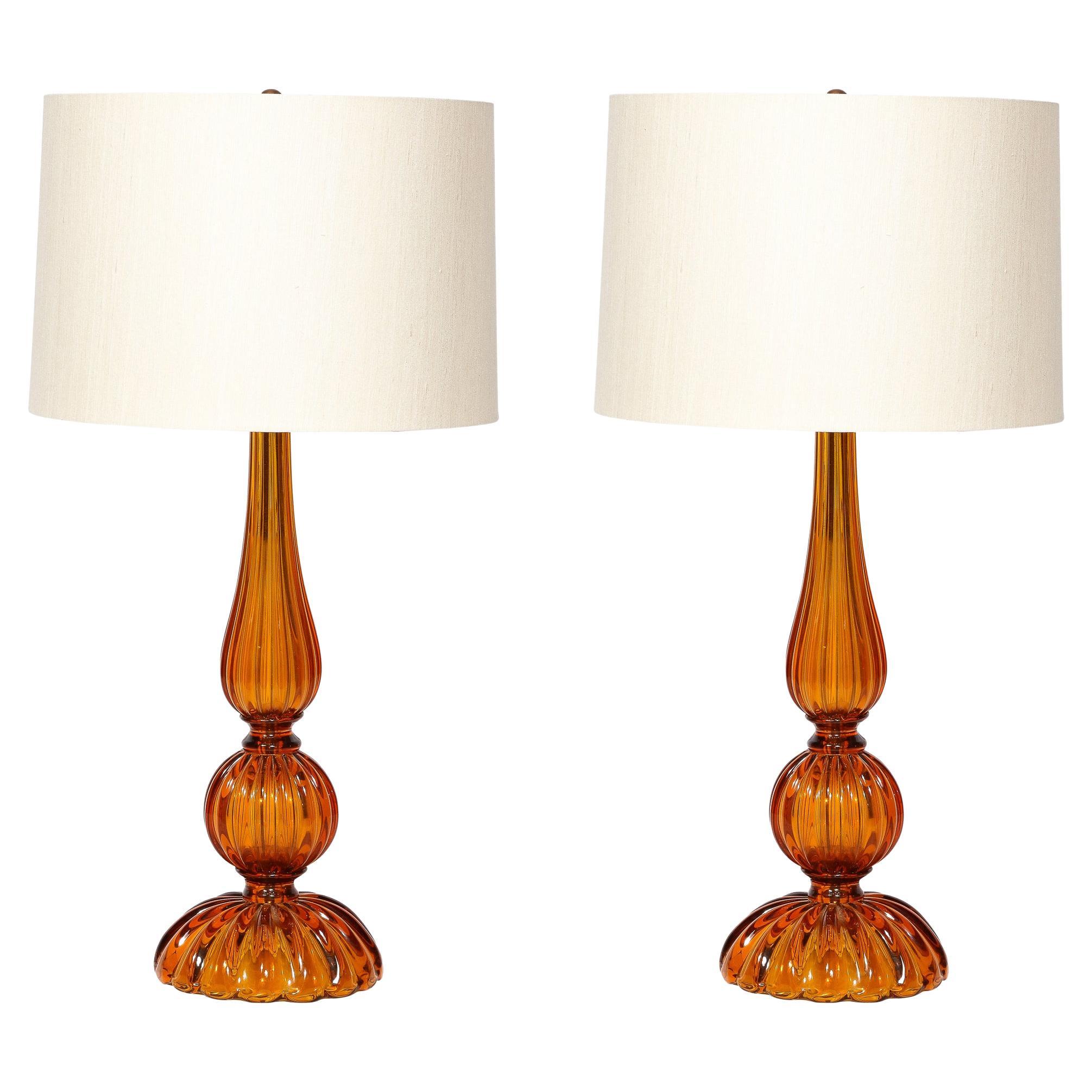 Pair of Hand-Blown Murano Glass Table Lamps in Smoked Amber