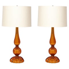 Pair of Hand-Blown Murano Glass Table Lamps in Smoked Amber