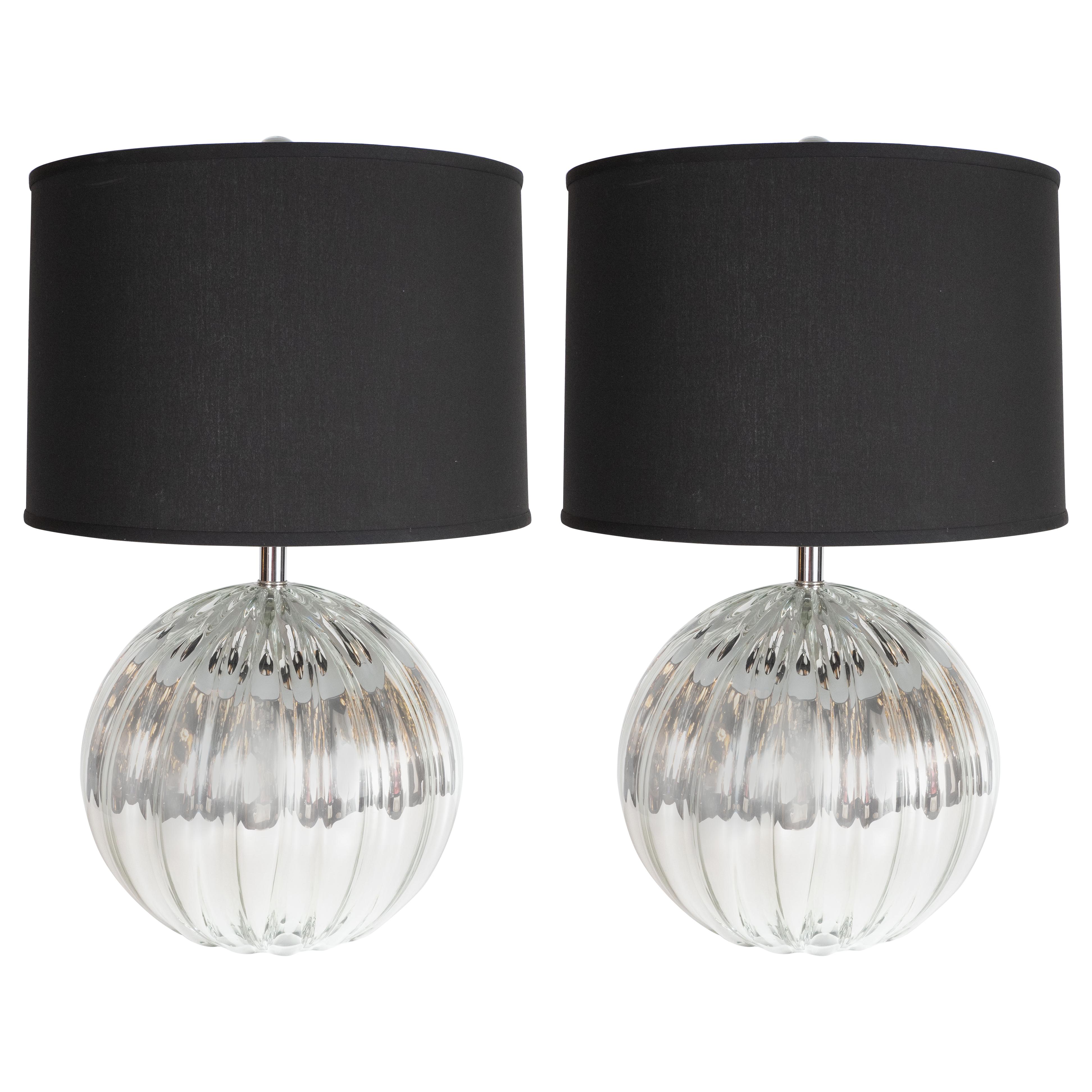 Pair of Hand Blown Murano Mercury Glass Spherical Table Lamps
