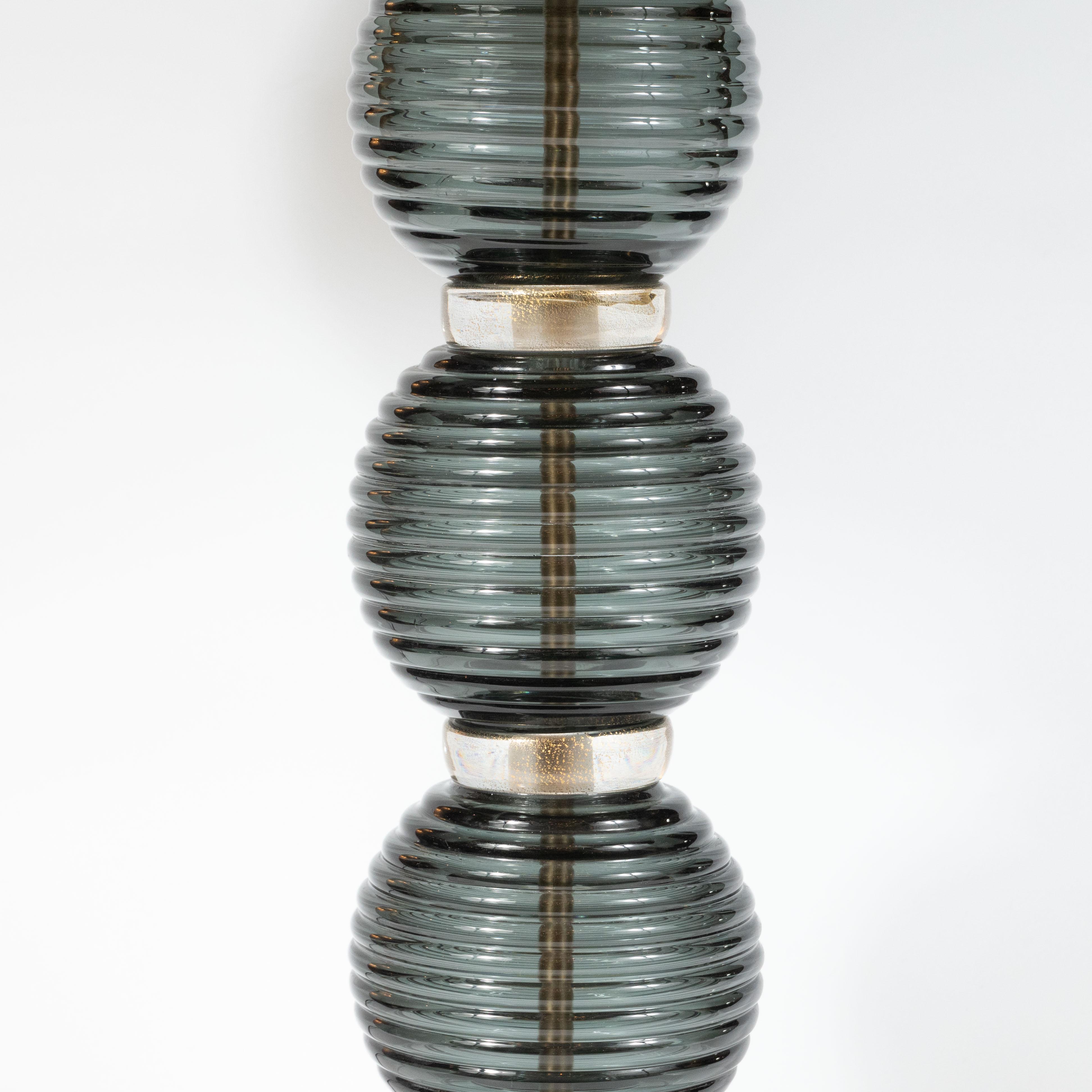 Modern Pair of Hand Blown Murano Ribbed & Smoked Glass Table Lamps with Brass Fittings For Sale
