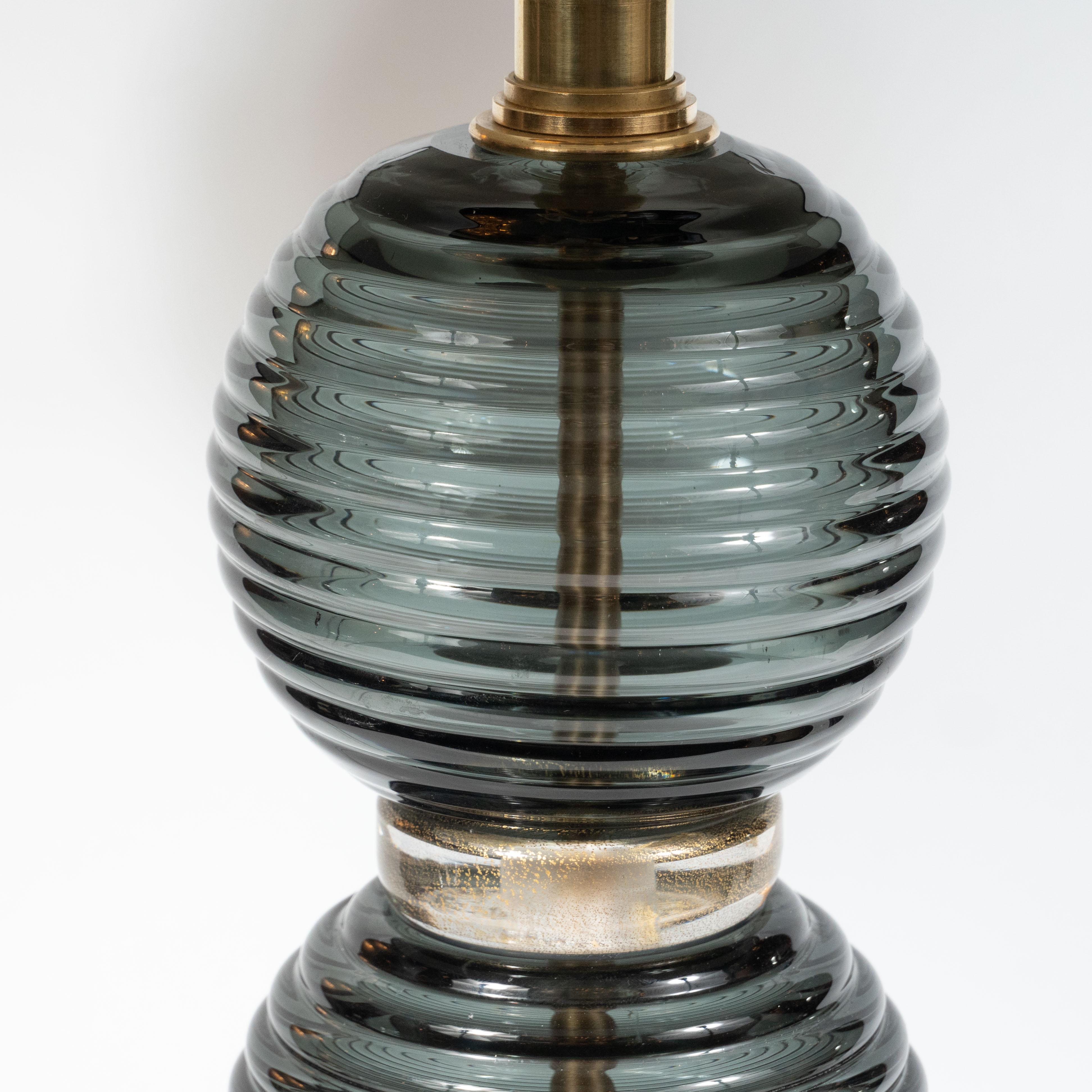 Italian Pair of Hand Blown Murano Ribbed & Smoked Glass Table Lamps with Brass Fittings For Sale
