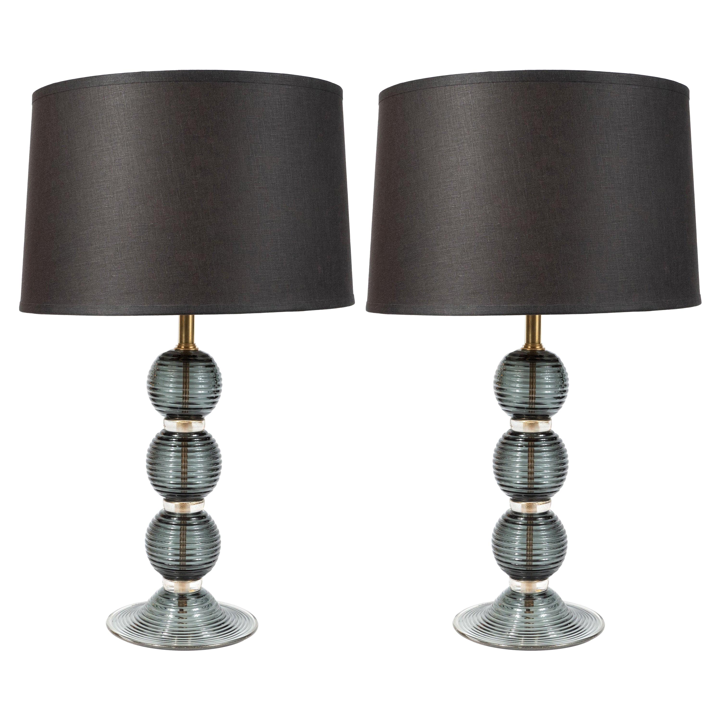 Pair of Hand Blown Murano Ribbed & Smoked Glass Table Lamps with Brass Fittings