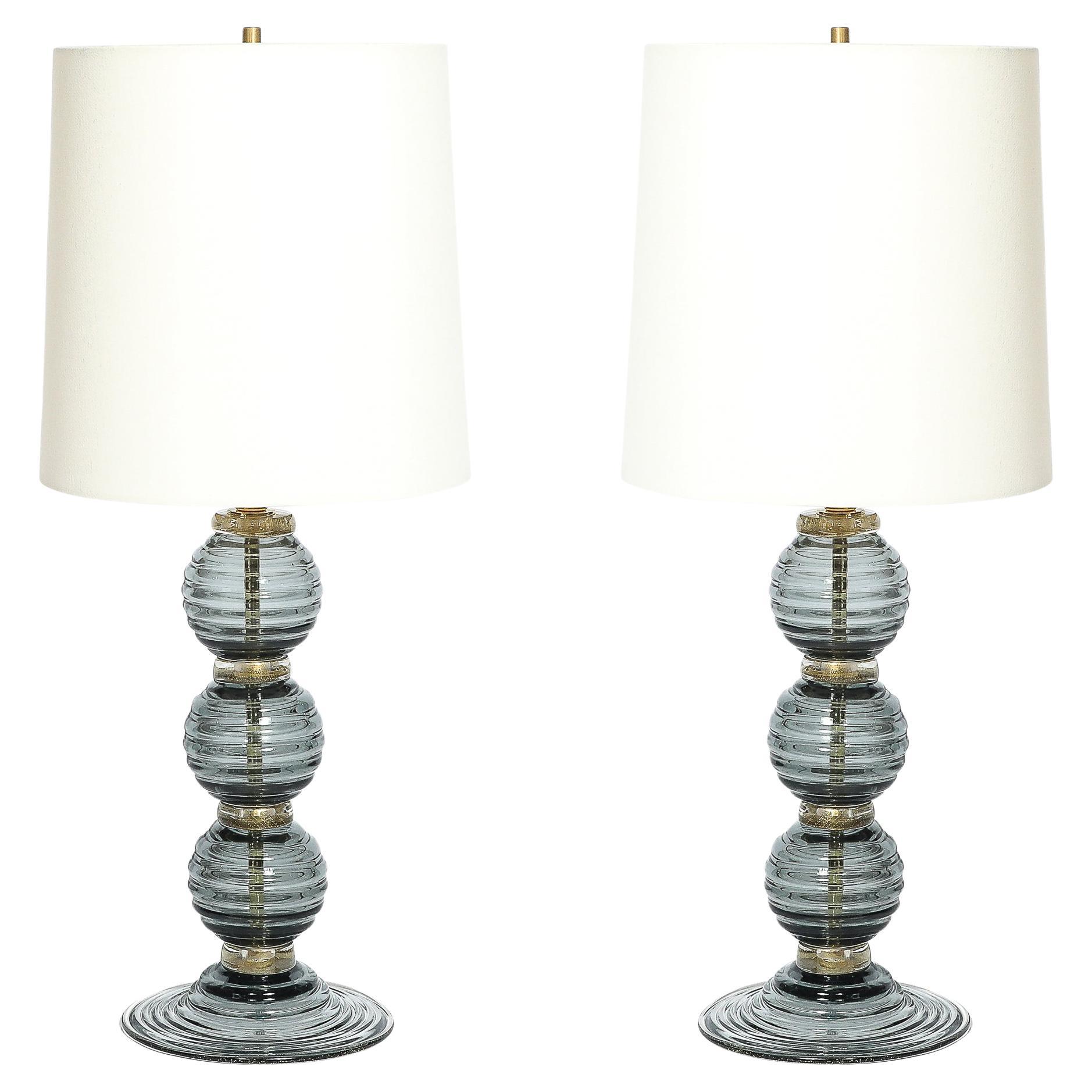 Pair of Hand Blown Murano Ribbed
Smoked Glass Table Lamps with Brass Fittings