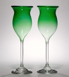 Pair of Hand Blown Ombre Green Goblets Glasses, American Studio Art Glass 1981