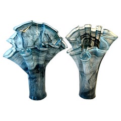 Pair of Hand Blown Smoky Gray Italian Murano Glass Freeform Ruffle Vases