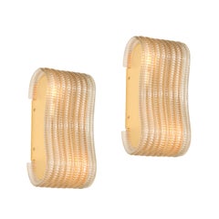 Pair of Hand-Blown Undulating Reeded Murano Glass Sconces with Brass Fittings