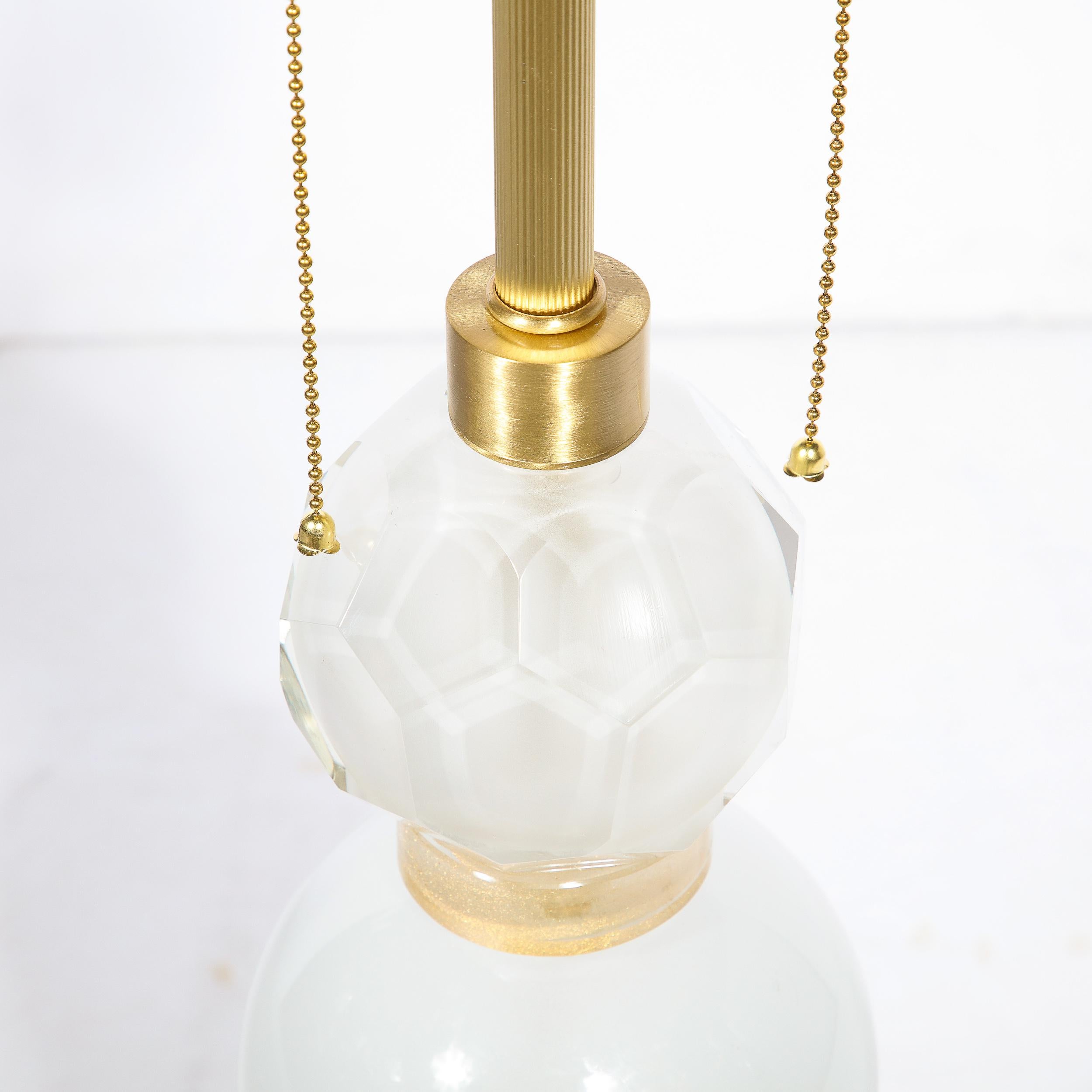 Pair of Hand-Blown White Murano Glass Lamps with 24K Gold Banded Detailing For Sale 5