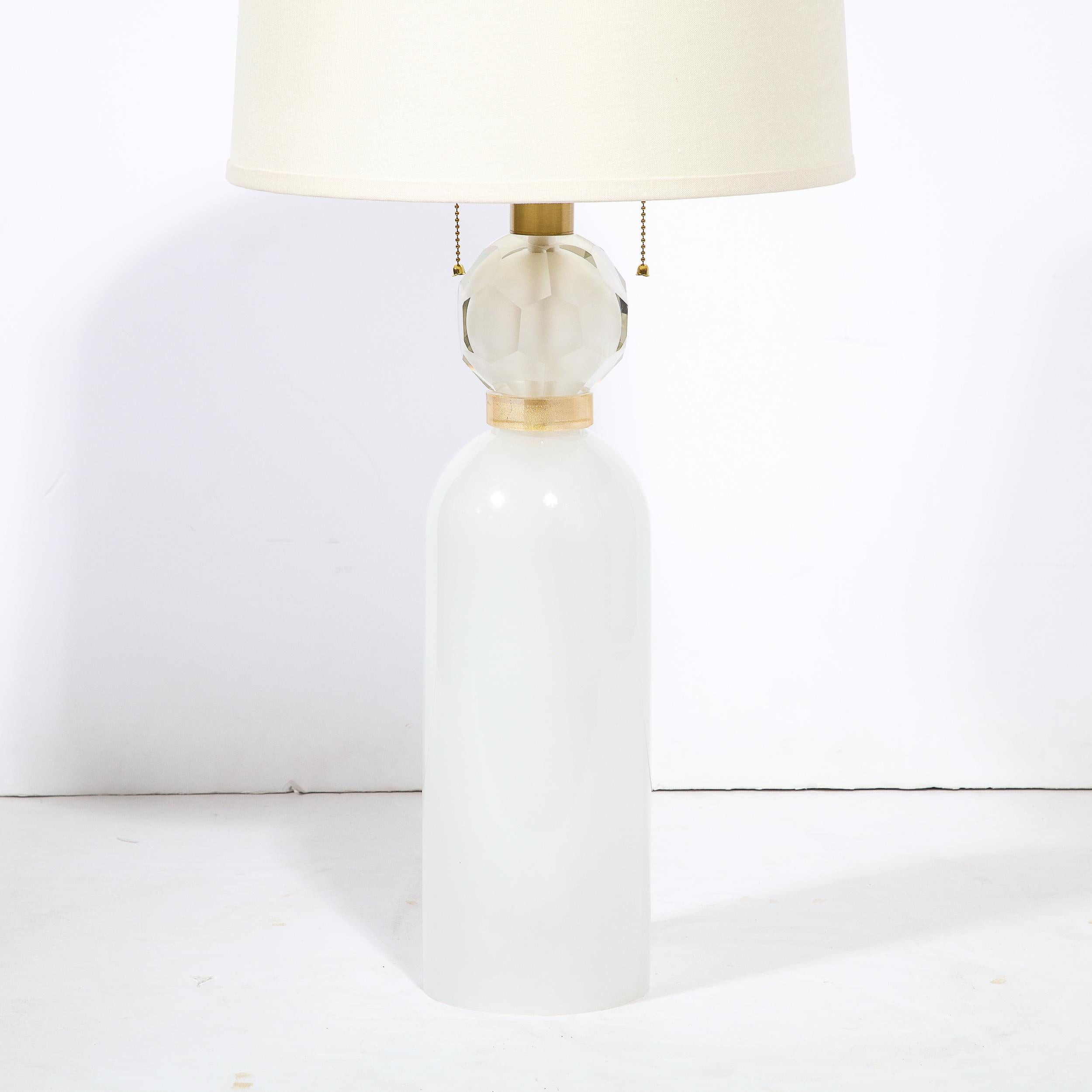 American Pair of Hand-Blown White Murano Glass Lamps with 24K Gold Banded Detailing For Sale