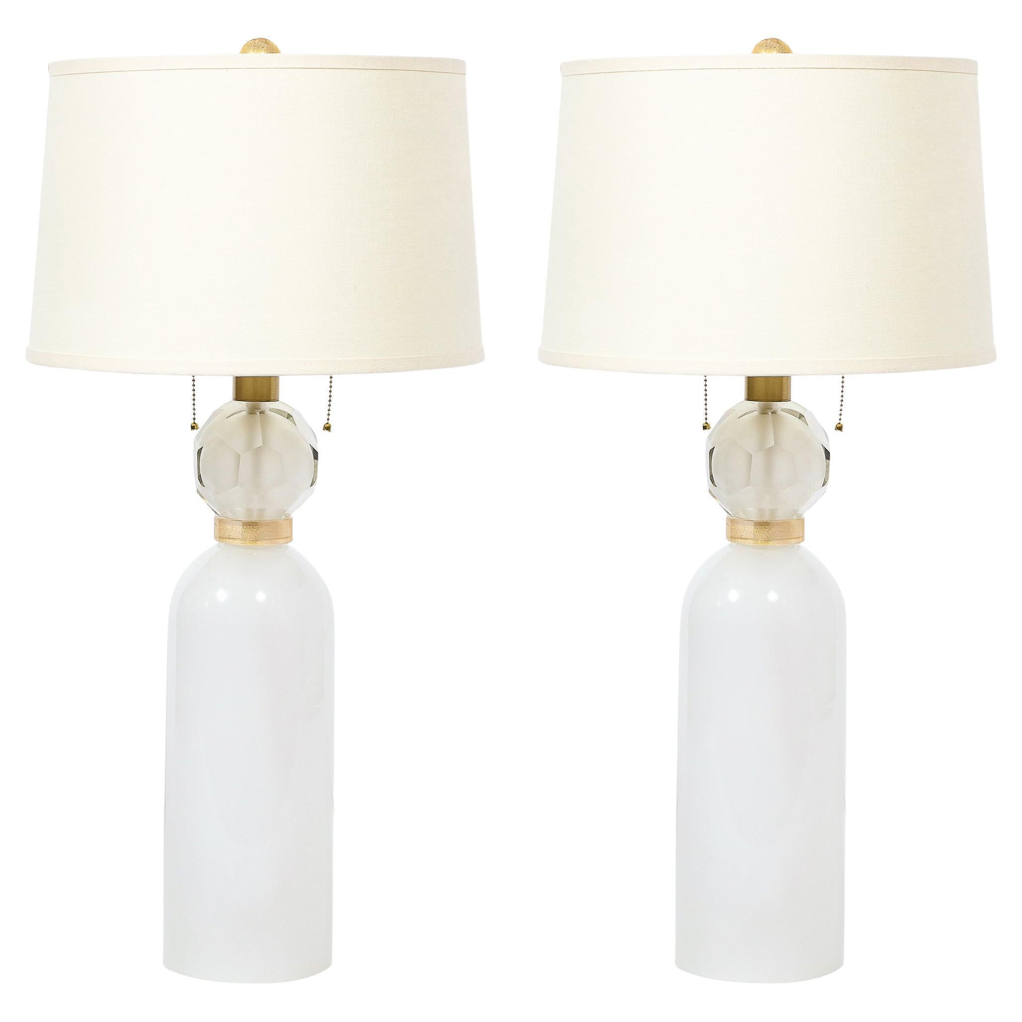 Pair of Hand-Blown White Murano Glass Lamps with 24K Gold Banded Detailing
