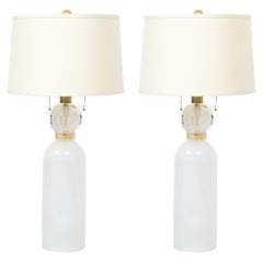 Pair of Hand-Blown White Murano Glass Lamps with 24K Gold Banded Detailing