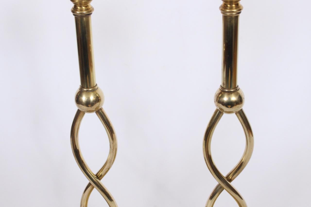 American Pair of Hand Buffed Brass Double Twist Bedside Lamps, C. 1950