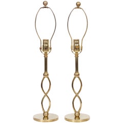 Pair of Hand Buffed Brass Double Twist Bedside Lamps, C. 1950