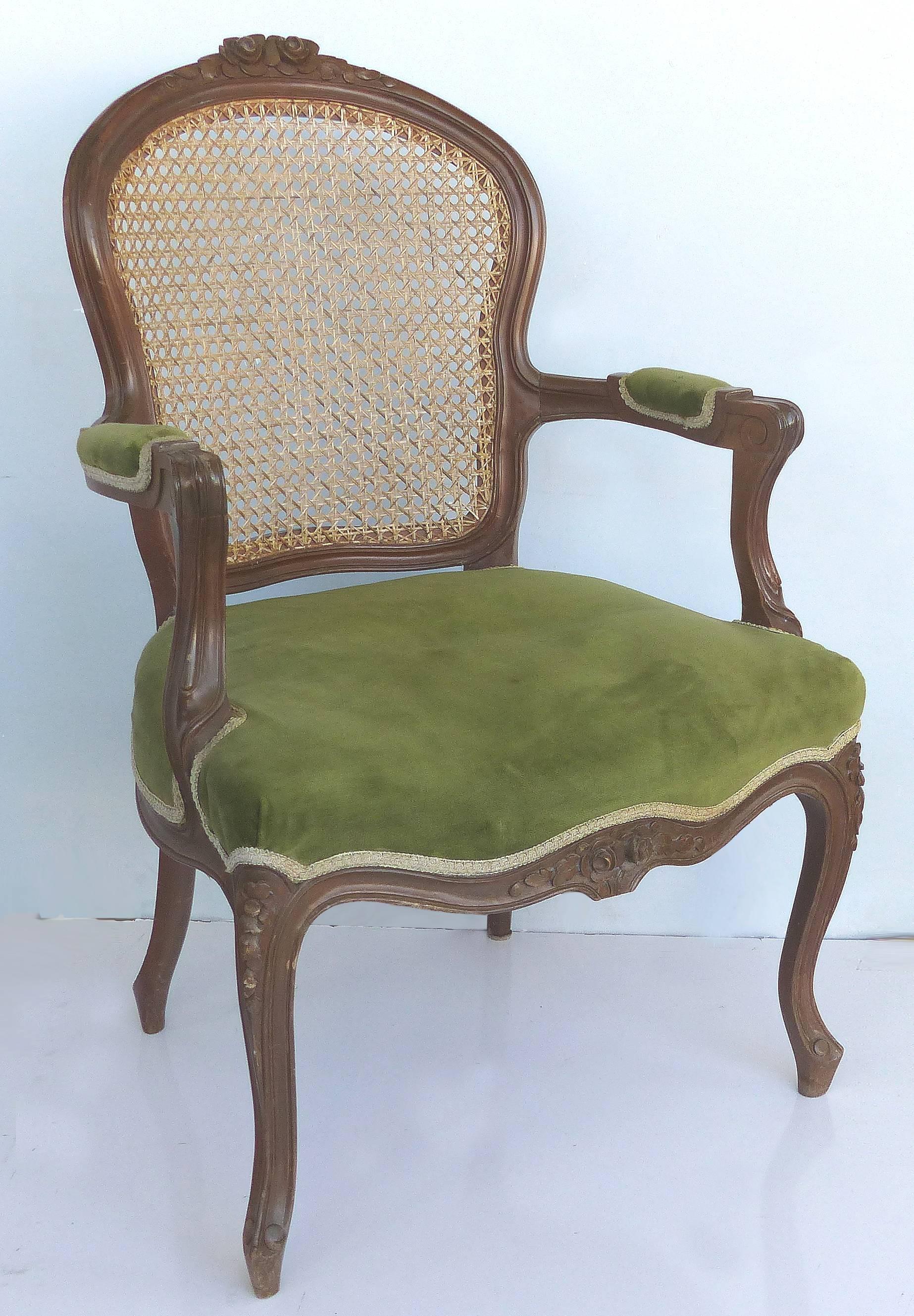 Pair of Hand Caned French Louis XV Style Fauteuil Armchairs with Velvet Mohair In Good Condition In Miami, FL