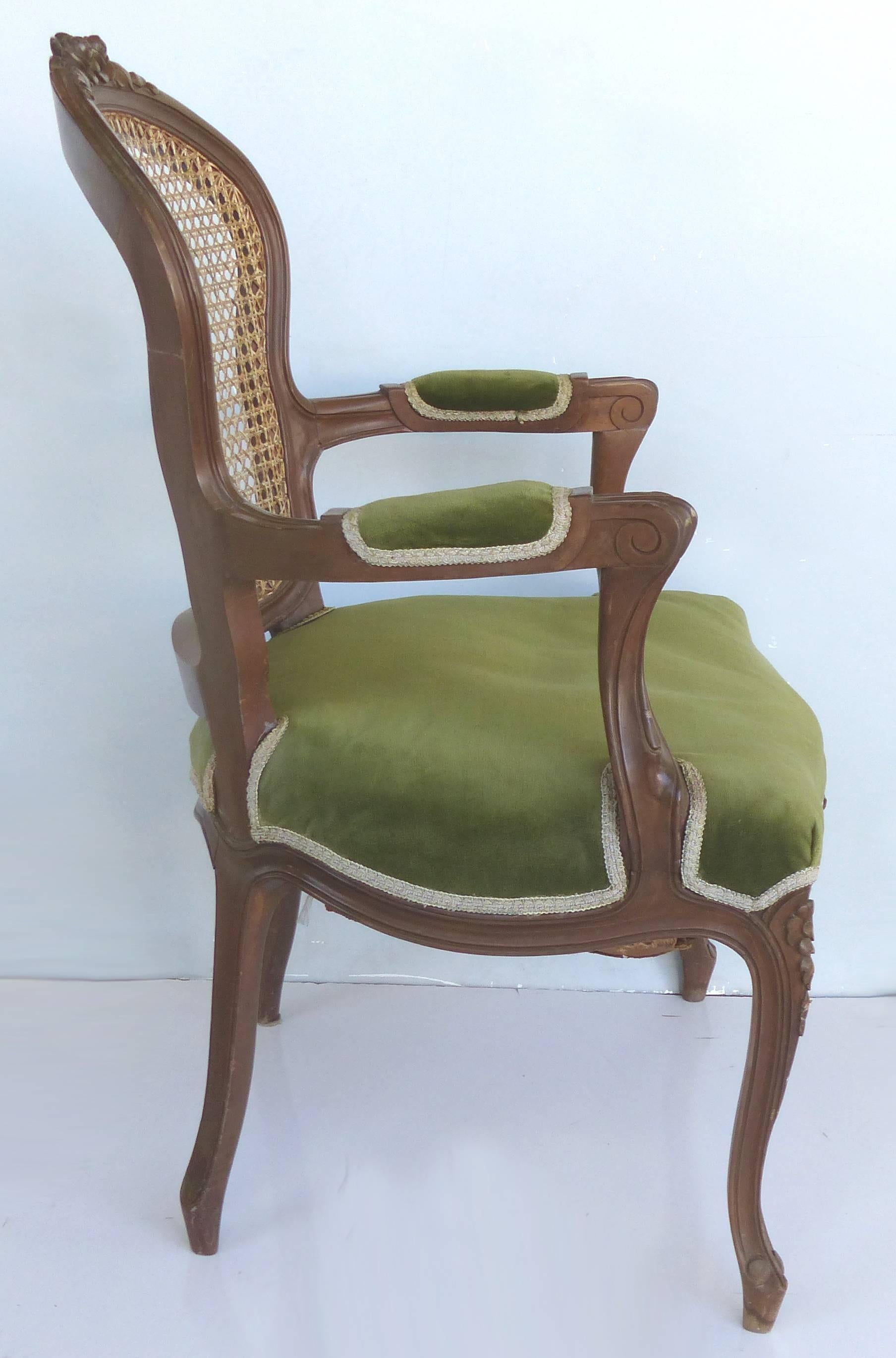 20th Century Pair of Hand Caned French Louis XV Style Fauteuil Armchairs with Velvet Mohair