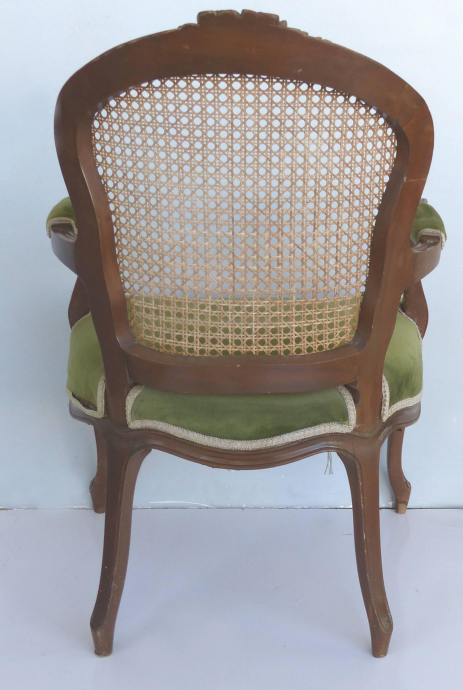 Pair of Hand Caned French Louis XV Style Fauteuil Armchairs with Velvet Mohair 2