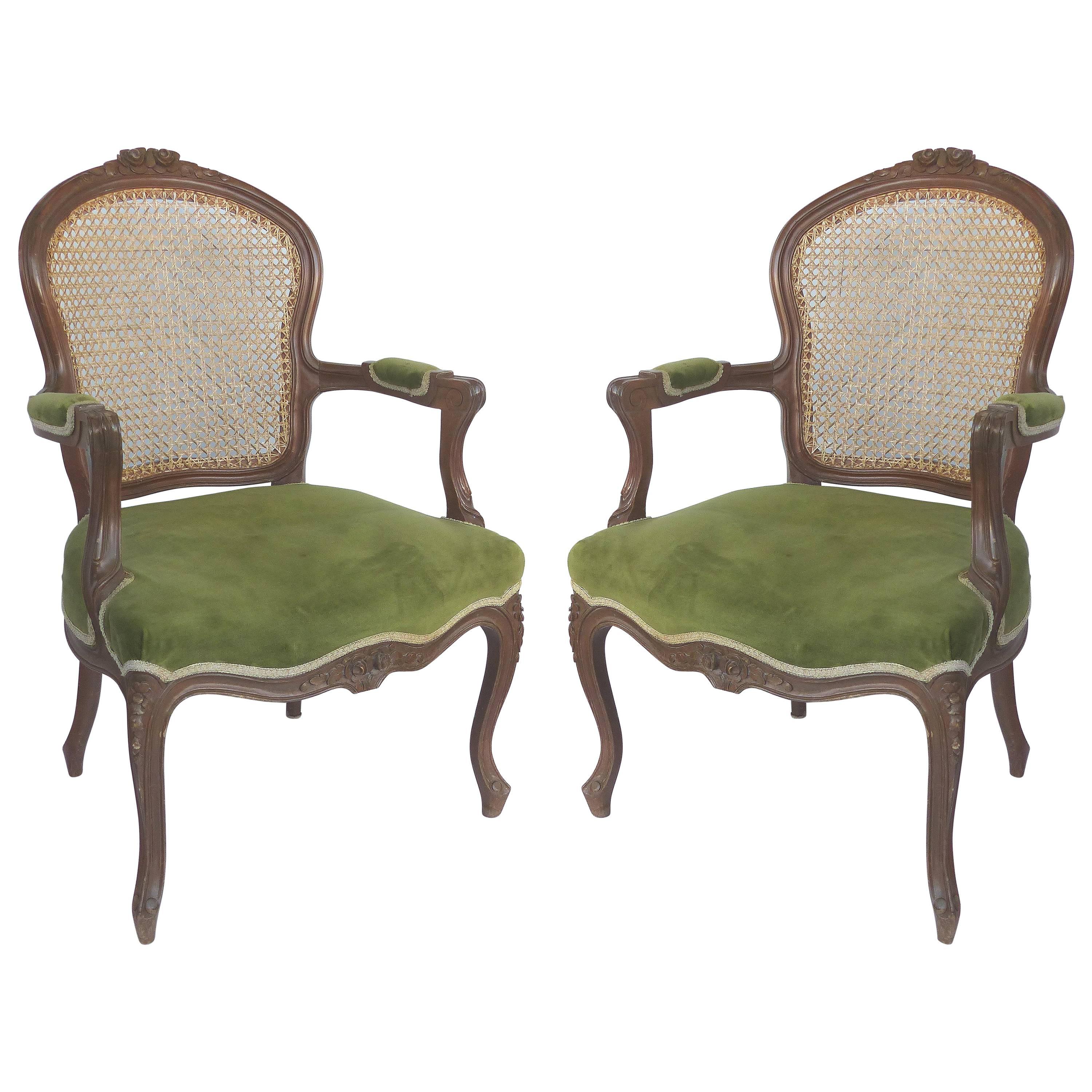 Pair of Hand Caned French Louis XV Style Fauteuil Armchairs with Velvet Mohair
