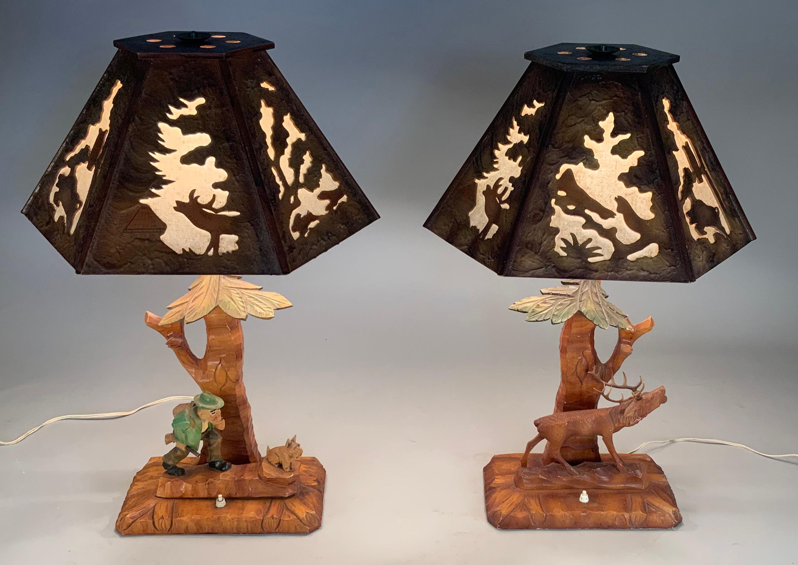 Pair of Hand Carved Adirondack Hunter & Stag Table Lamps 3