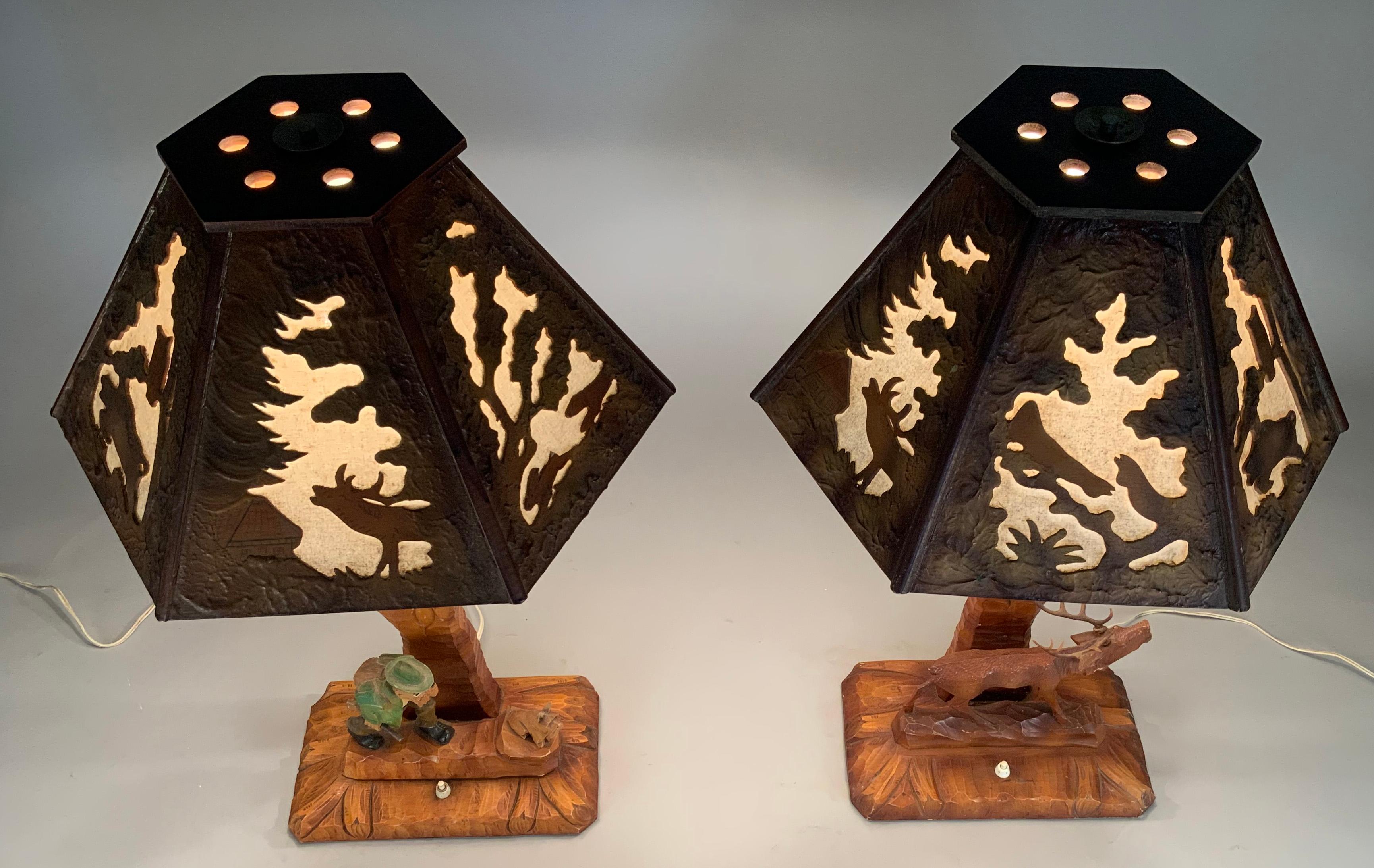 Pair of Hand Carved Adirondack Hunter & Stag Table Lamps 1