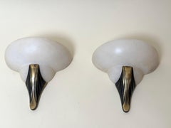 Pair of Hand-Carved Alabaster and Brass Art Deco Wall Sconces, circa 1980