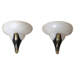 Pair of Hand-Carved Alabaster and Brass Art Deco Wall Sconces, circa 1980