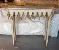Pair of Hand-Carved and Hand-Painted Wooden Consoles with White Marble Tops
