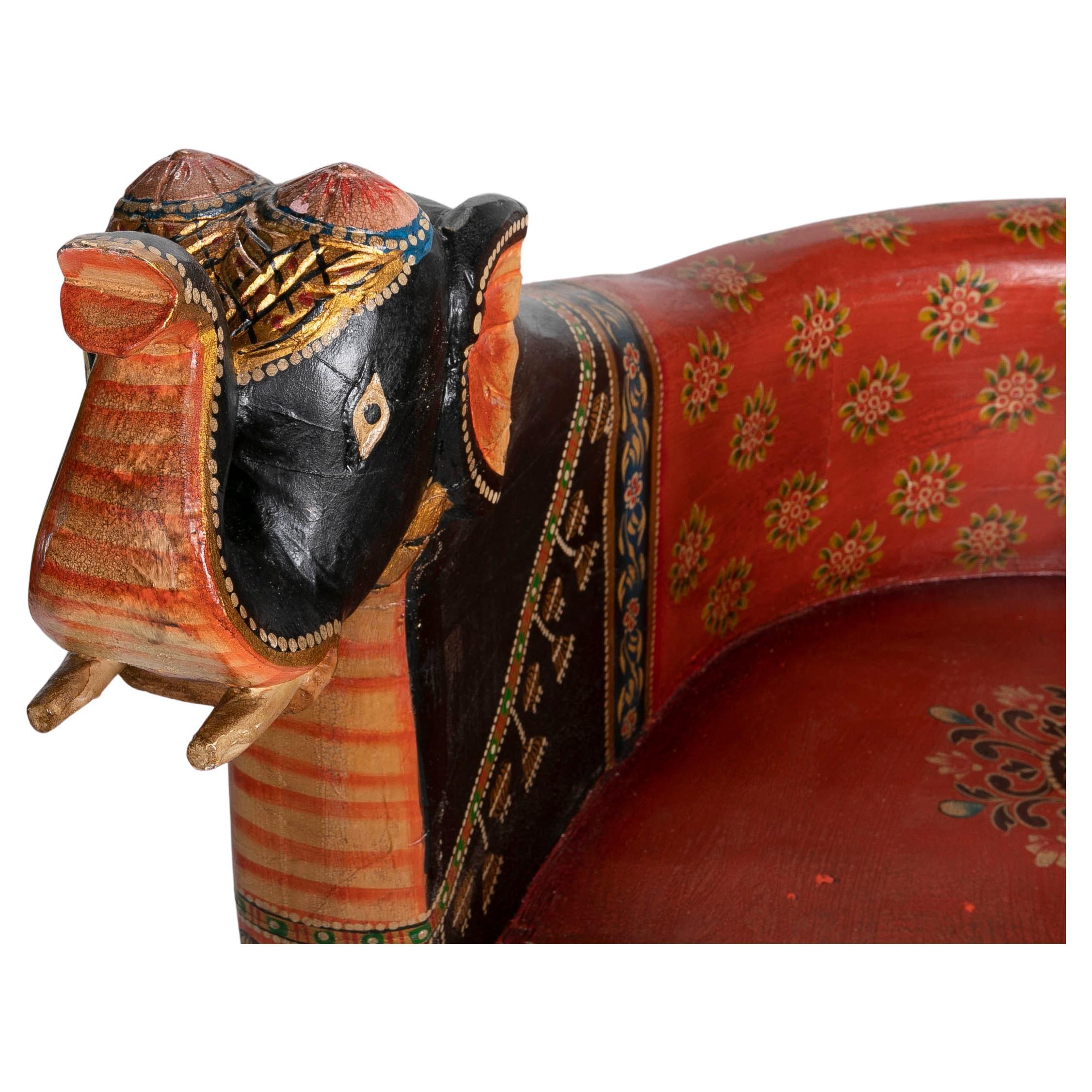 Indian Pair of Hand-Carved and Hand-Painted Wooden Elephant Armchairs