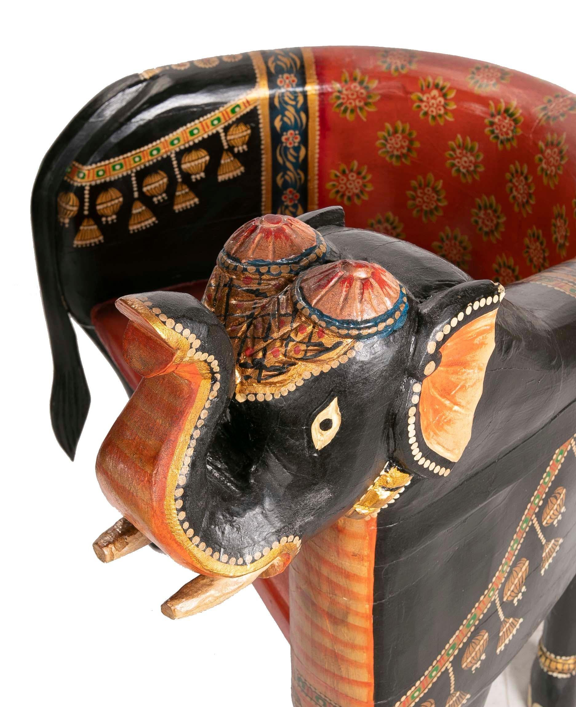 Pair of Hand-Carved and Hand-Painted Wooden Elephant Armchairs For Sale 5