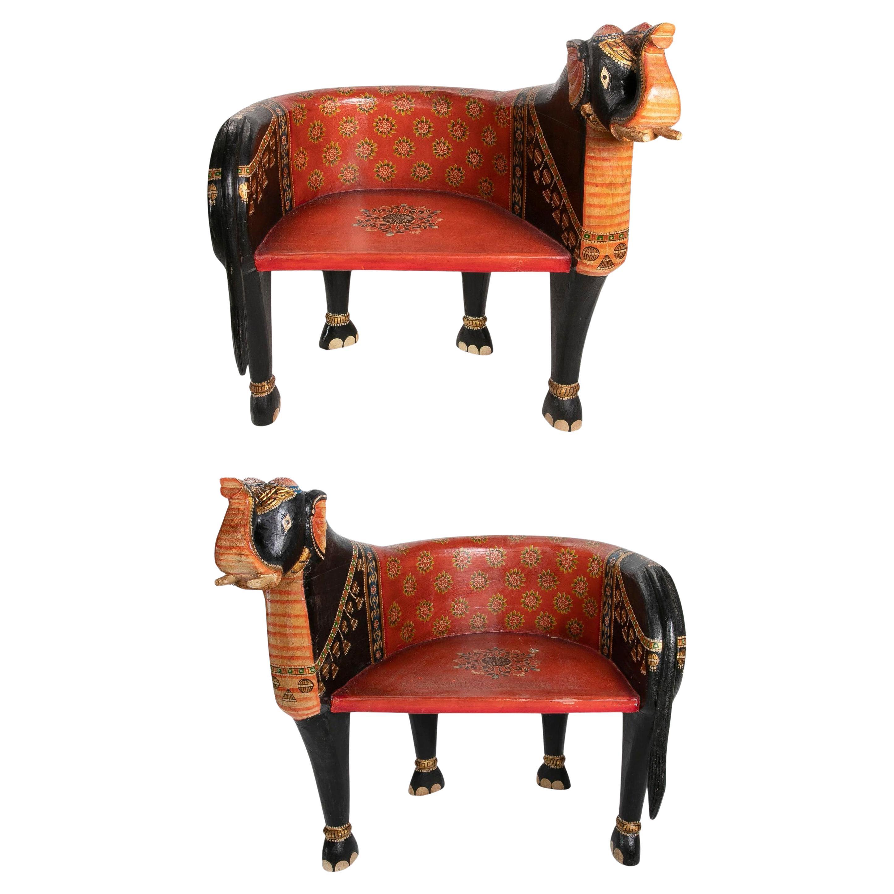 Pair of Hand-Carved and Hand-Painted Wooden Elephant Armchairs For Sale