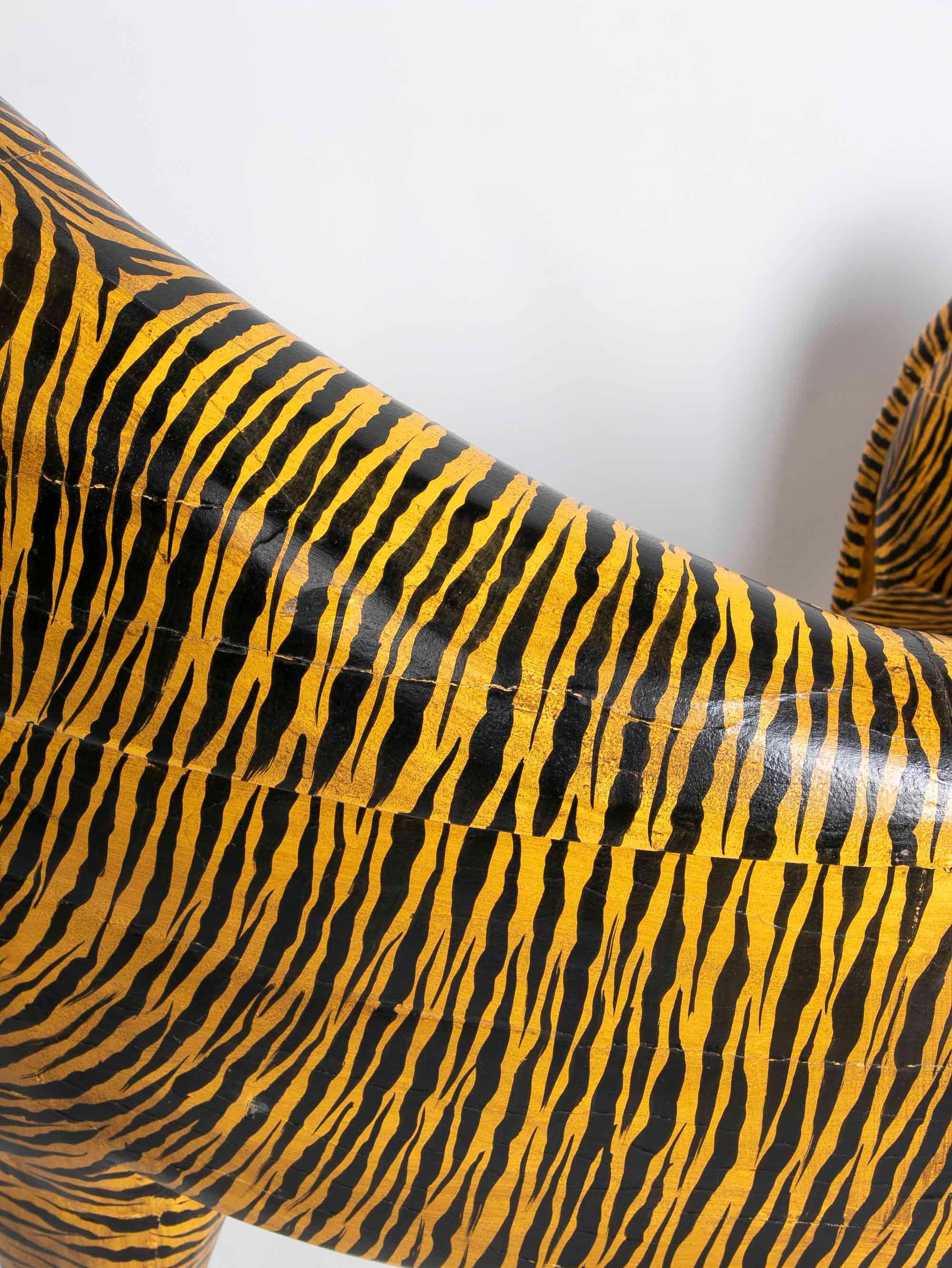 Pair of Hand-Carved and Hand-Painted Wooden Tiger Armchairs 5