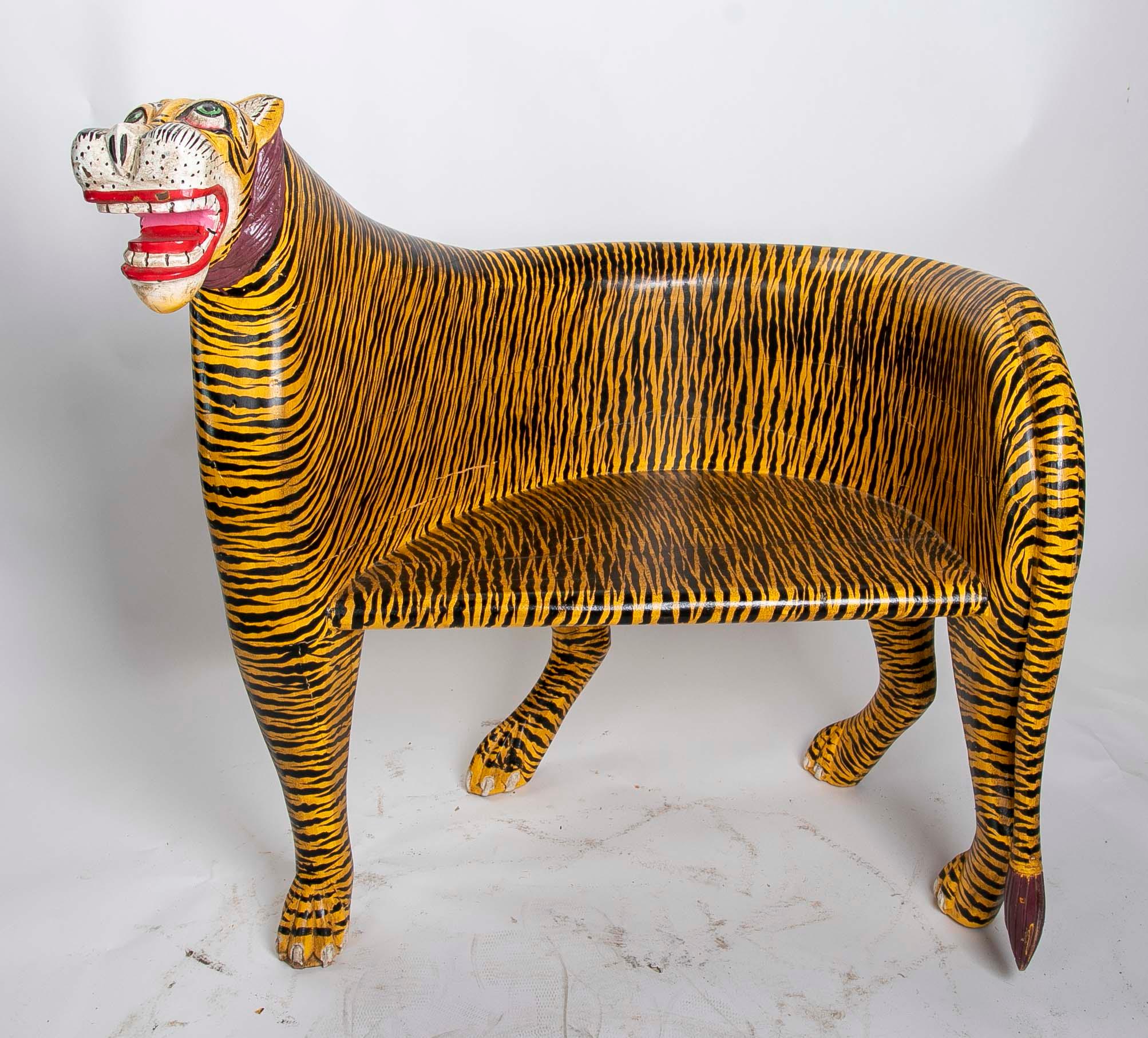 Pair of Hand-Carved and Hand-Painted Wooden Tiger Armchairs 9