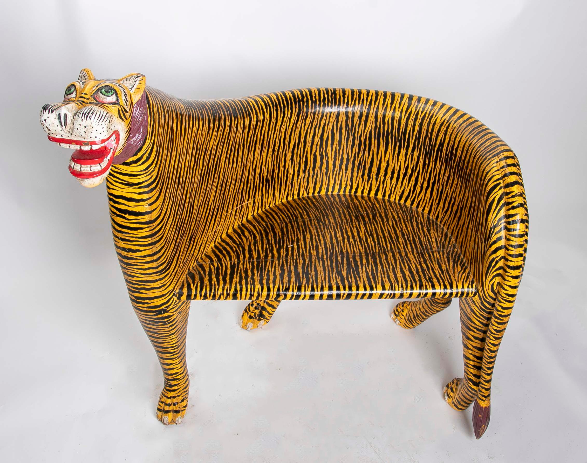 Pair of Hand-Carved and Hand-Painted Wooden Tiger Armchairs 10