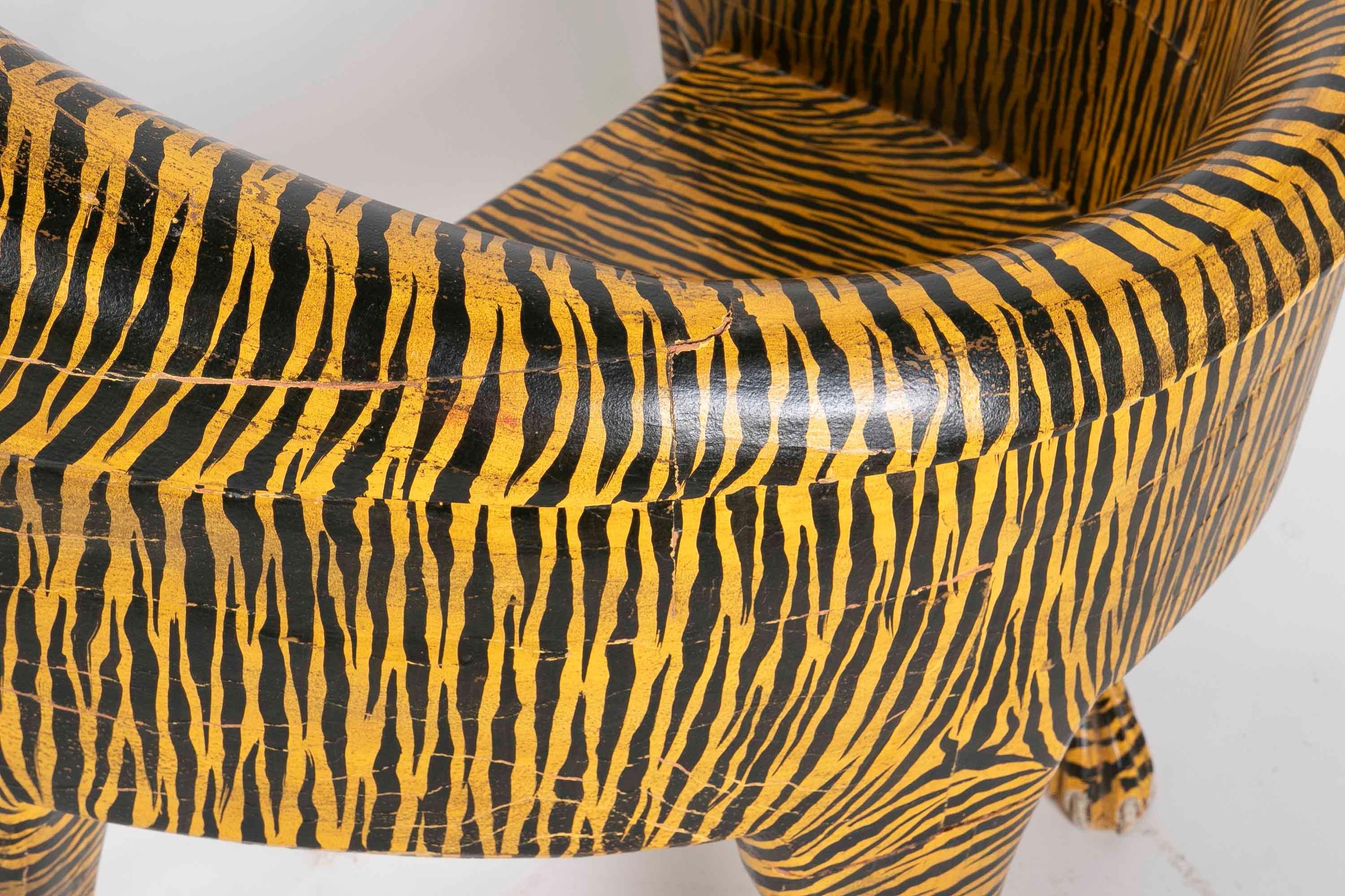 Pair of Hand-Carved and Hand-Painted Wooden Tiger Armchairs For Sale 12