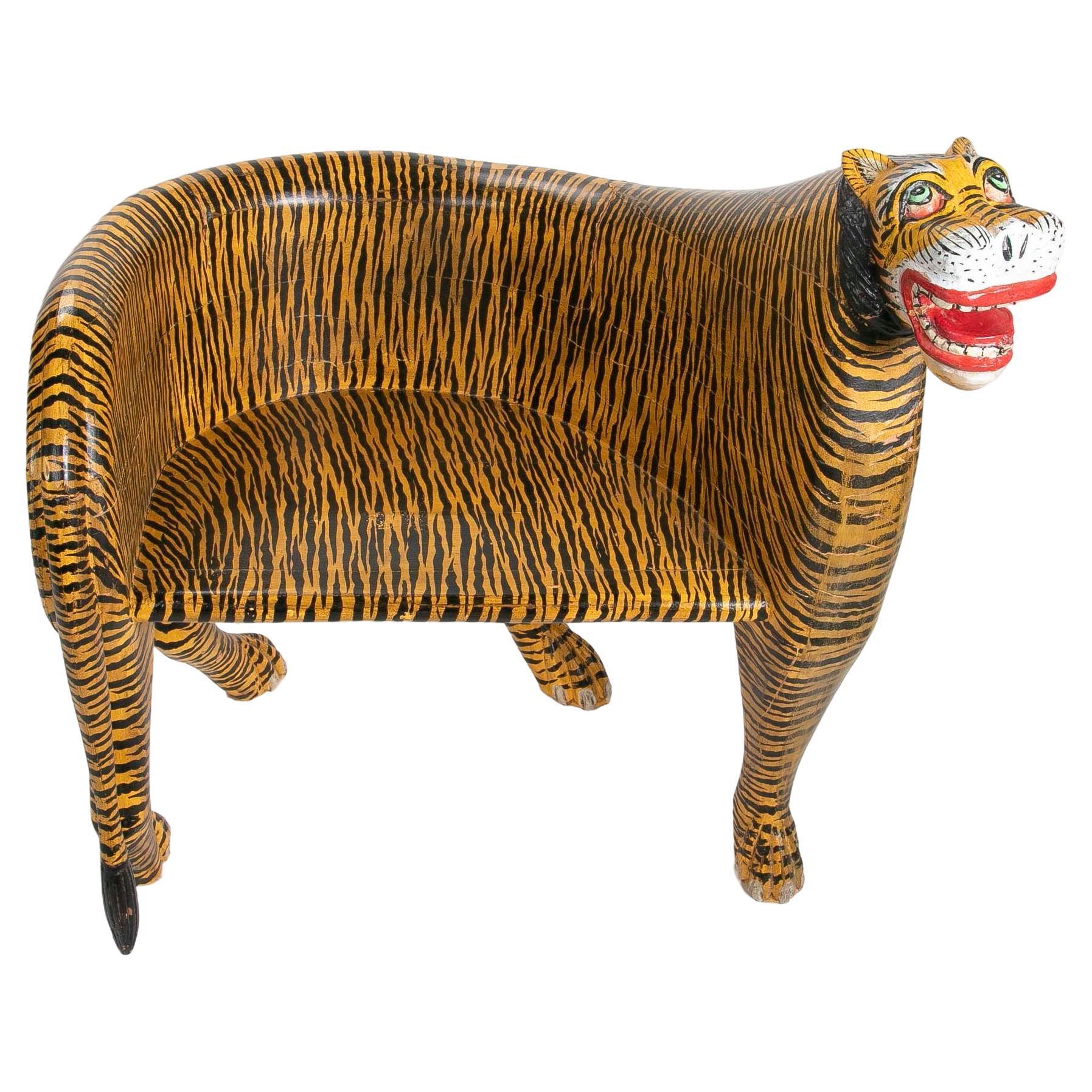 Indian Pair of Hand-Carved and Hand-Painted Wooden Tiger Armchairs For Sale