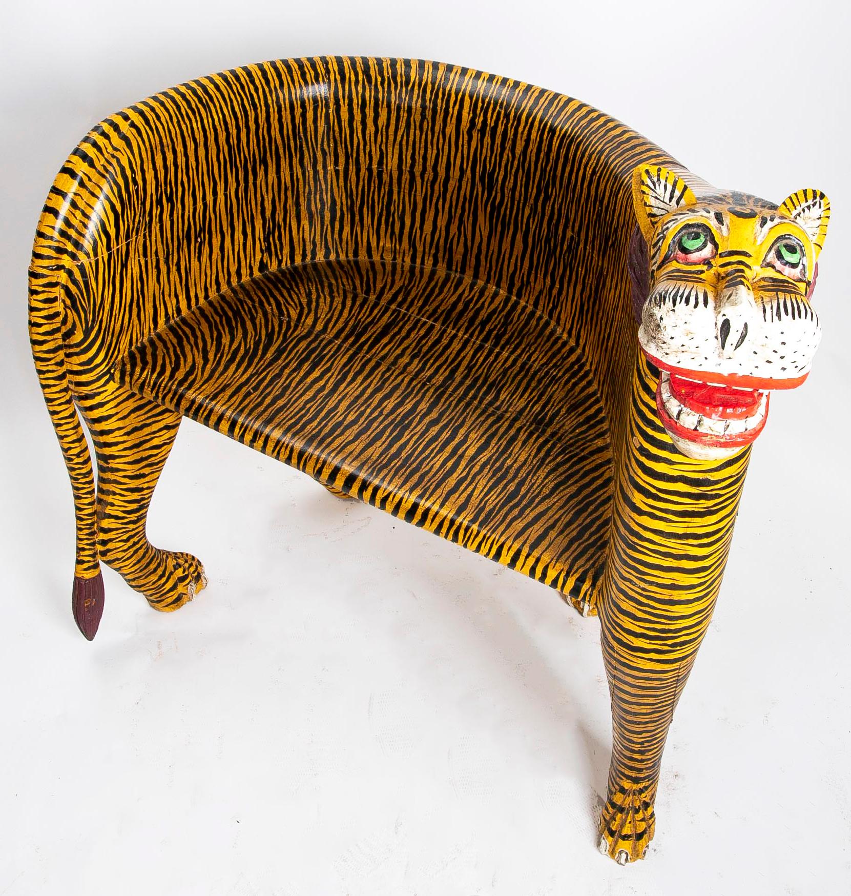 Pair of Hand-Carved and Hand-Painted Wooden Tiger Armchairs 2