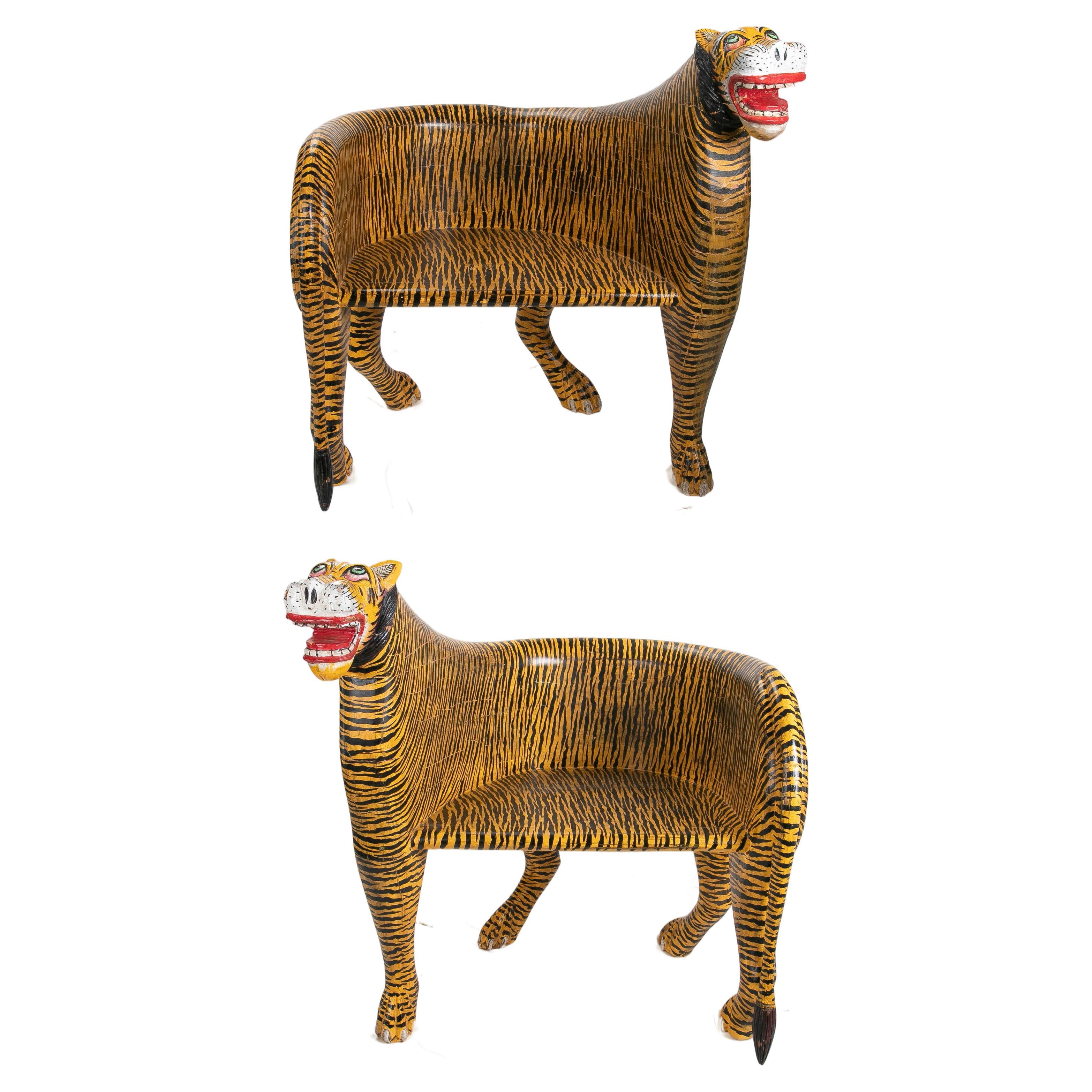Pair of Hand-Carved and Hand-Painted Wooden Tiger Armchairs For Sale