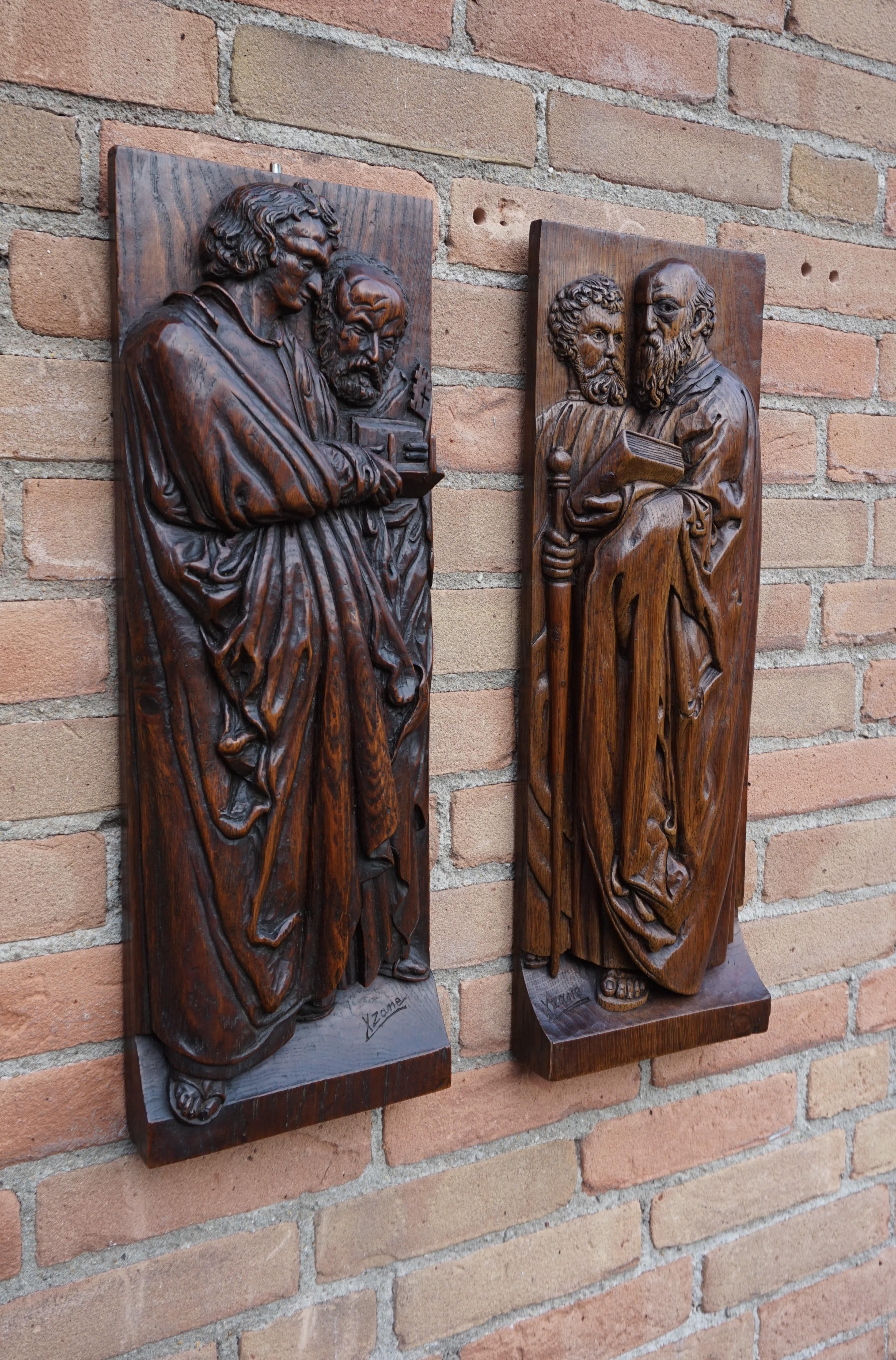 Pair of Hand Carved Antique Wall Plaques with Apostles or Clergyman Sculptures 2