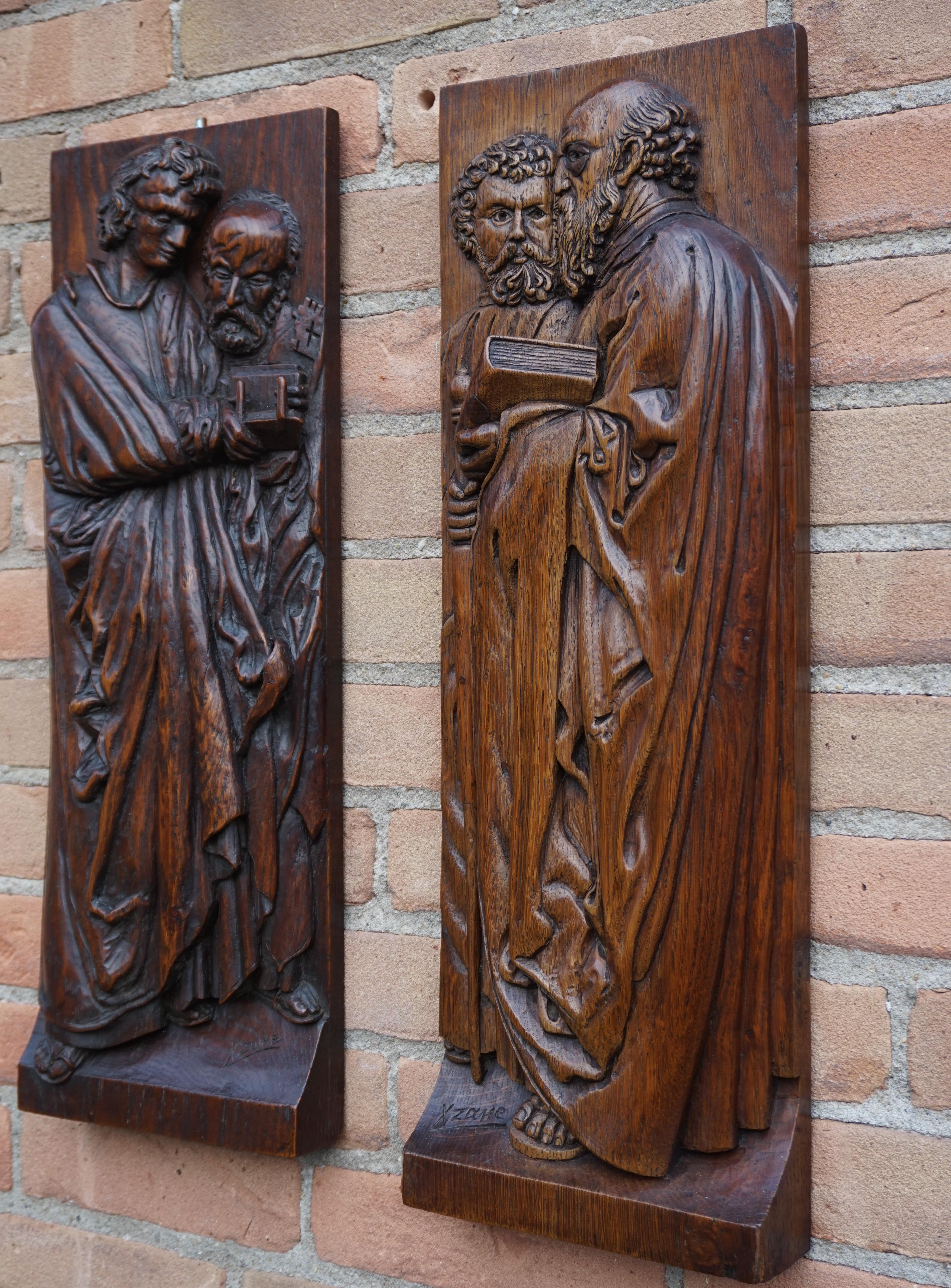Pair of Hand Carved Antique Wall Plaques with Apostles or Clergyman Sculptures 3