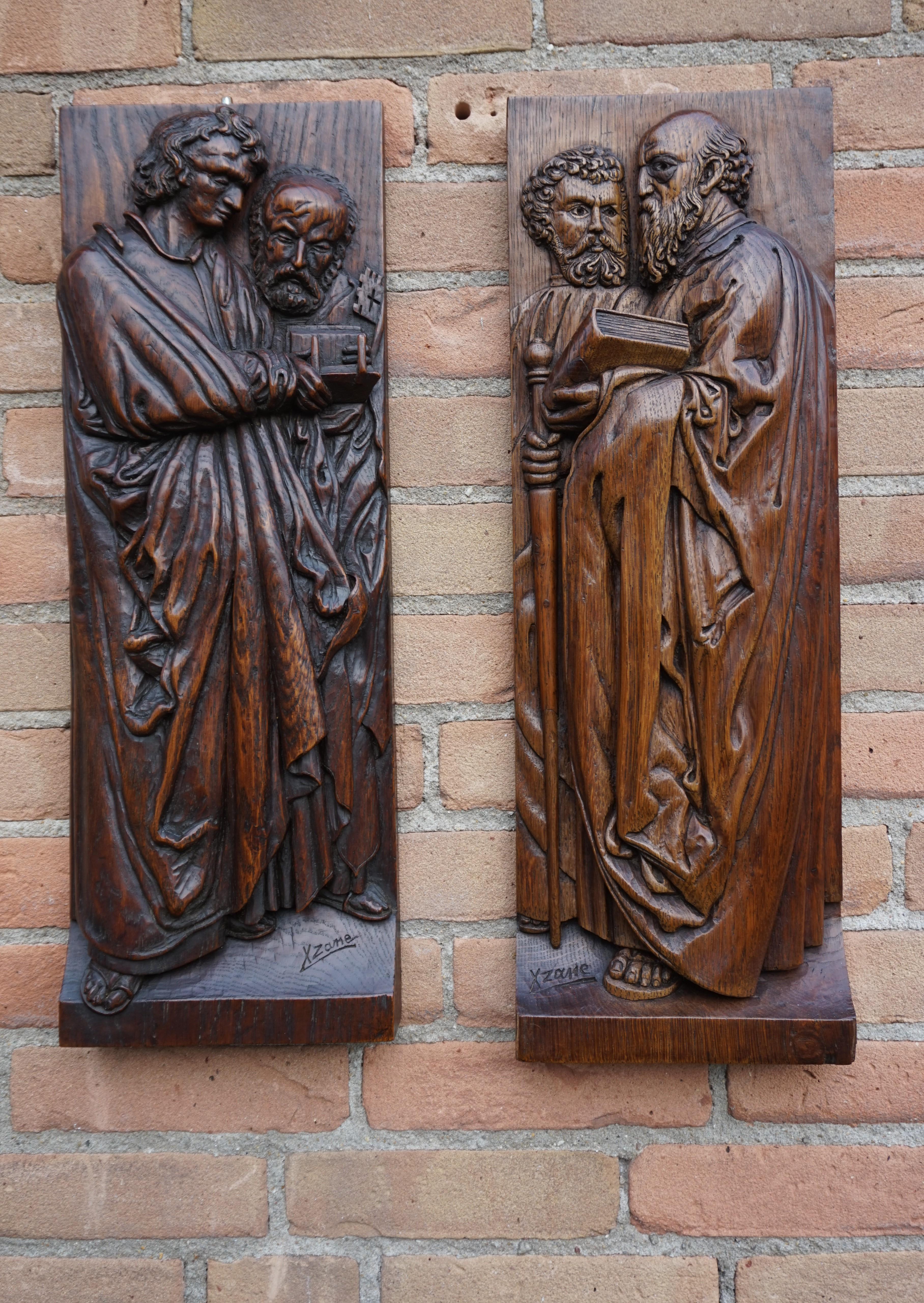 Pair of Hand Carved Antique Wall Plaques with Apostles or Clergyman Sculptures 6