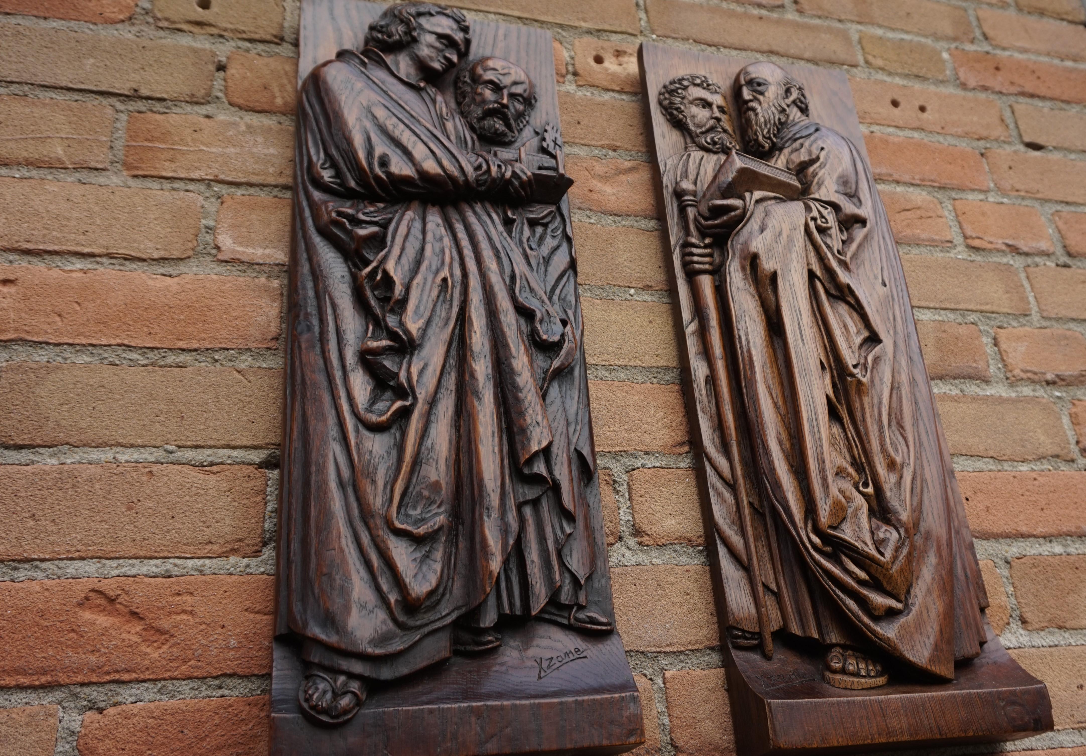 Pair of Hand Carved Antique Wall Plaques with Apostles or Clergyman Sculptures 9