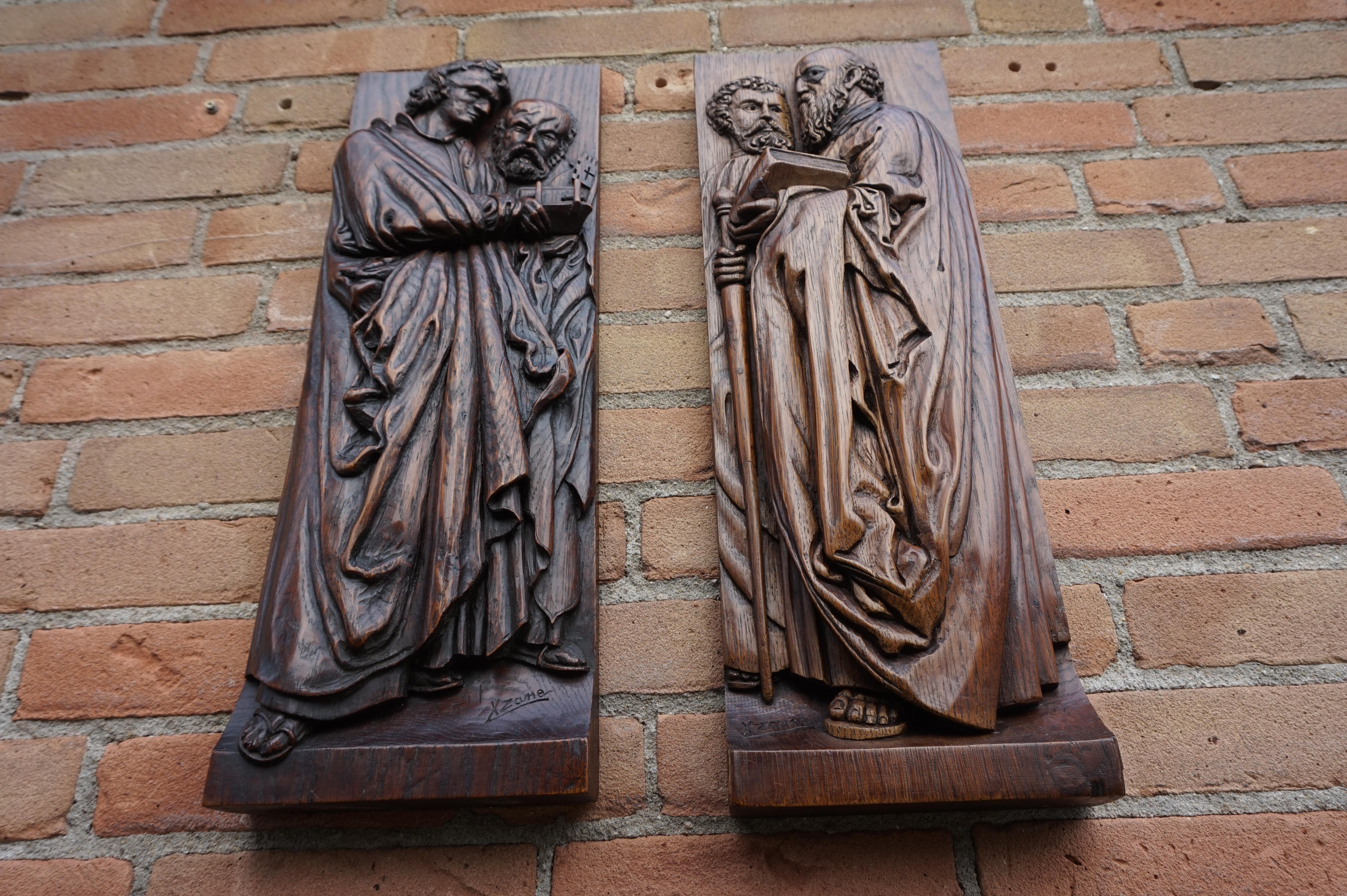 Deeply carved and signed antique oak wall plaques.

If you are looking for fair priced, antique religious art then this rare pair could be ideal for decorating your wall. All hand carved out of solid oakwood these apostels or clergyman are depicted