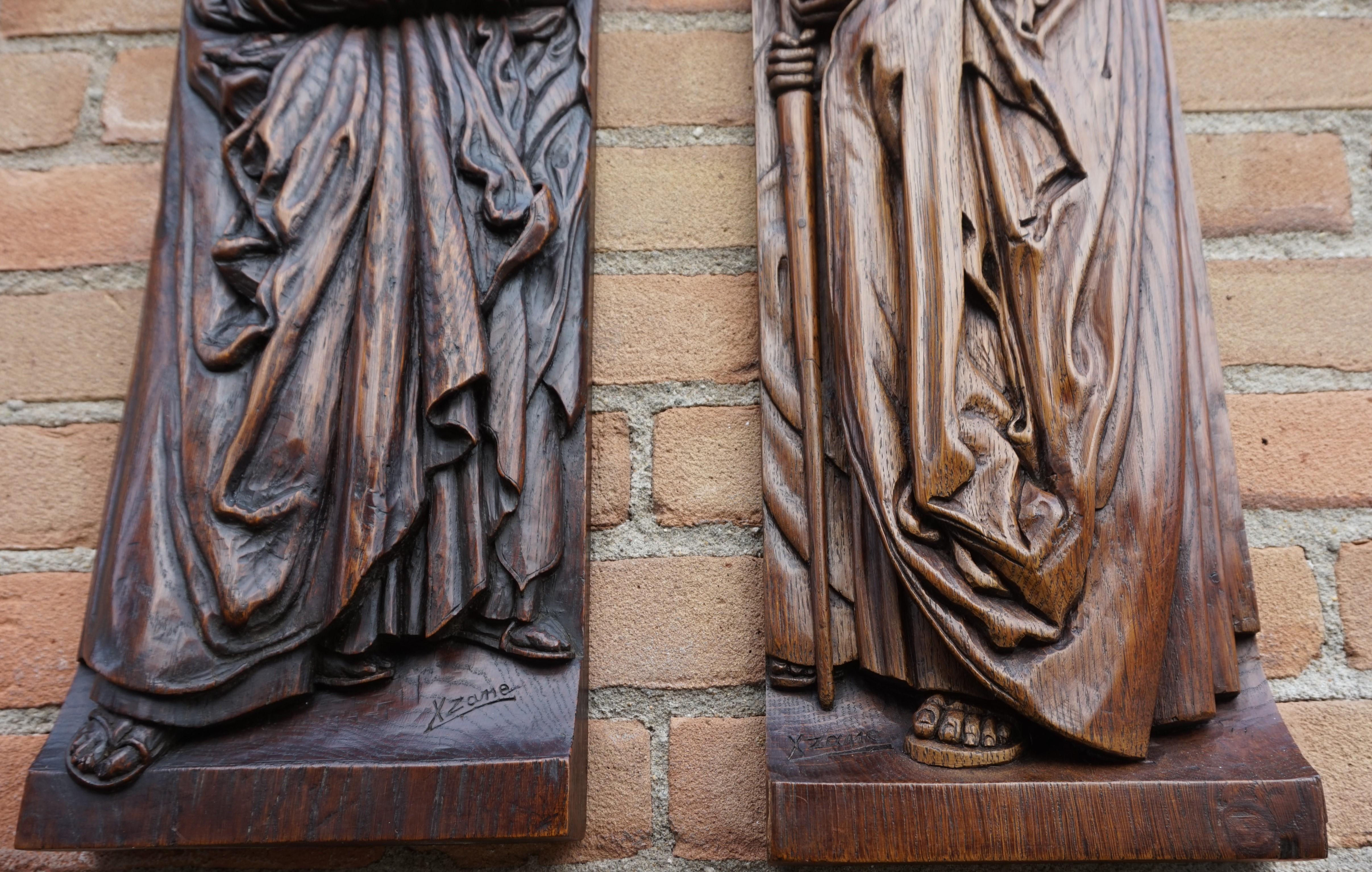 Hand-Crafted Pair of Hand Carved Antique Wall Plaques with Apostles or Clergyman Sculptures