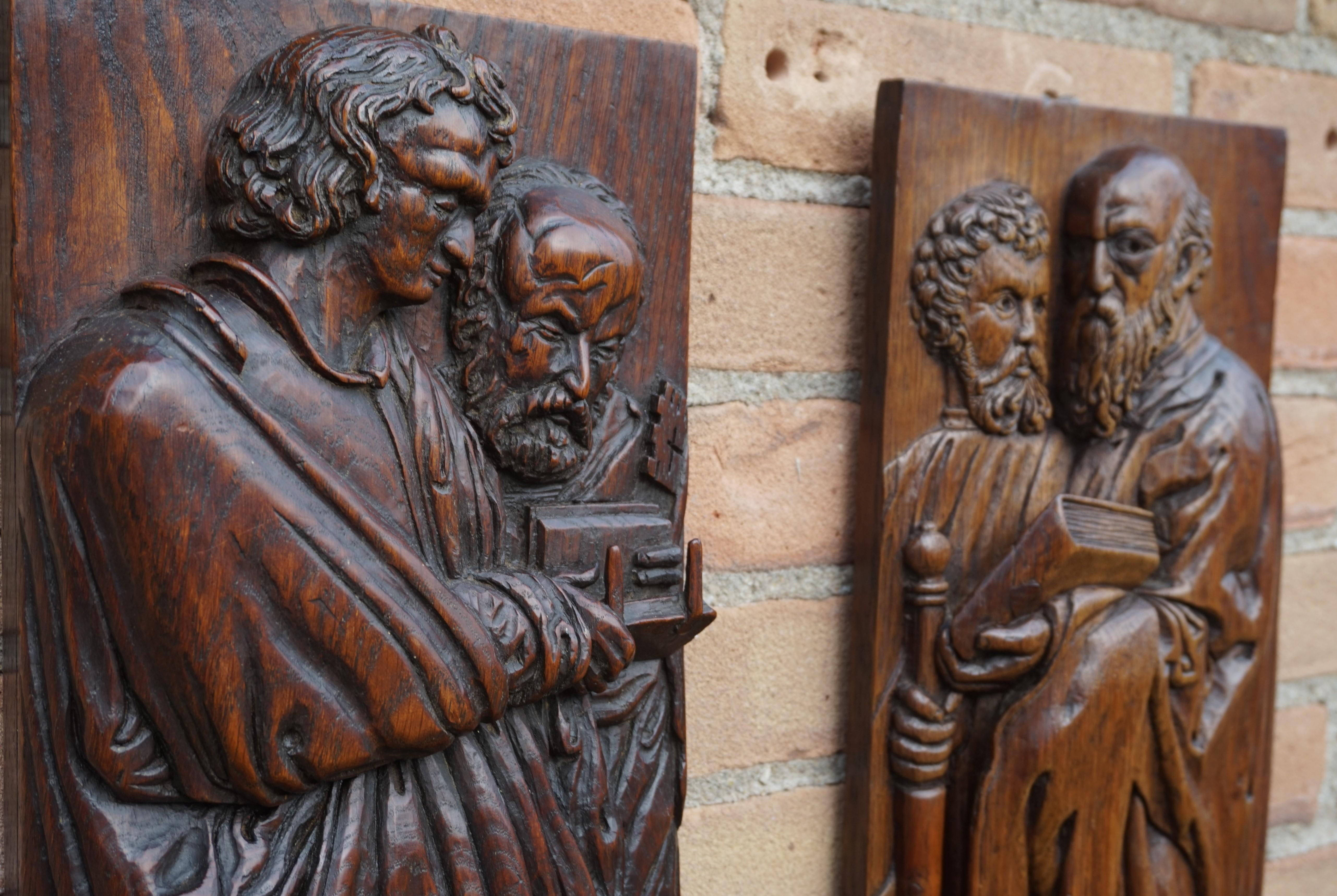 20th Century Pair of Hand Carved Antique Wall Plaques with Apostles or Clergyman Sculptures