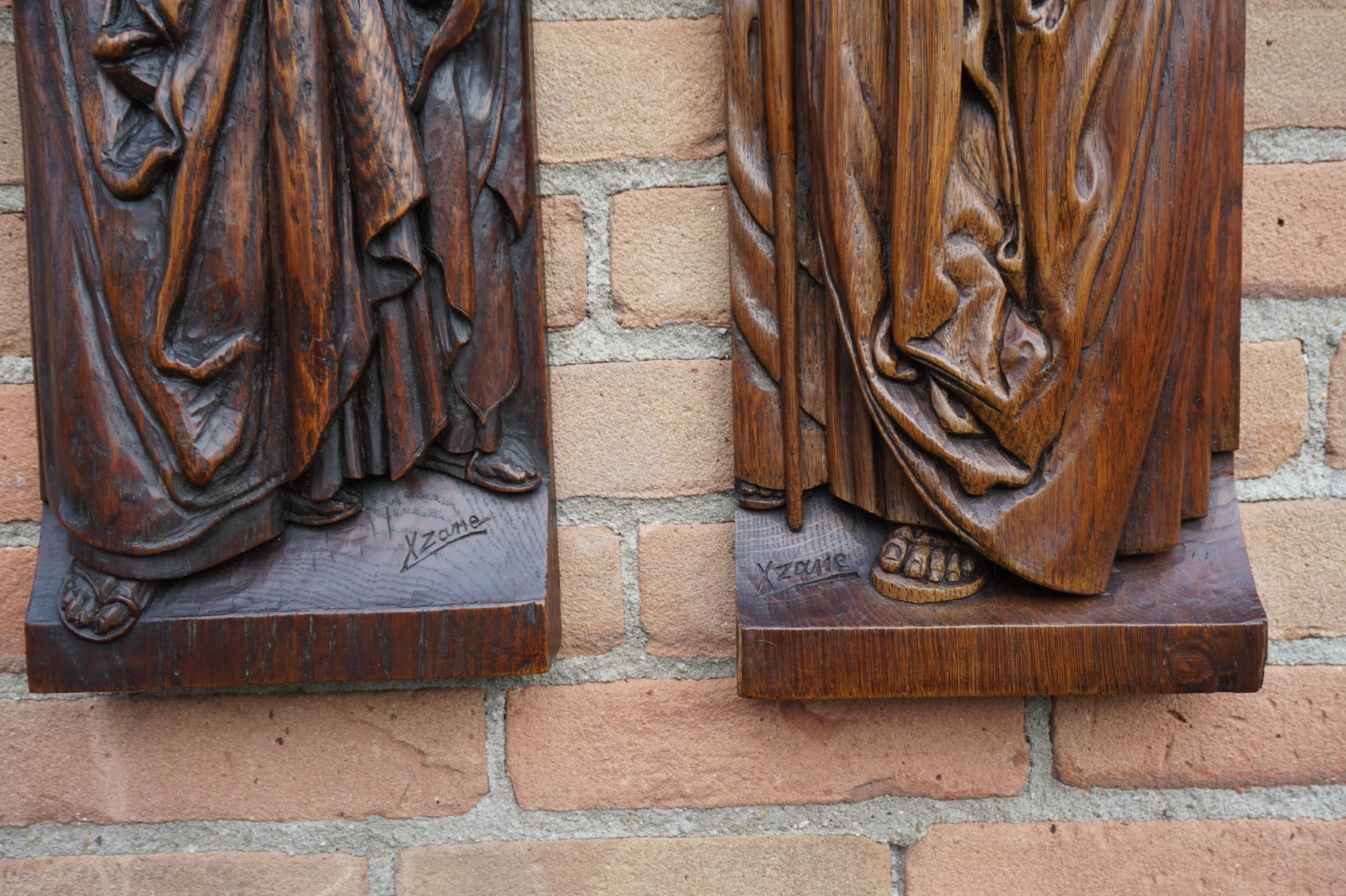 Pair of Hand Carved Antique Wall Plaques with Apostles or Clergyman Sculptures 1