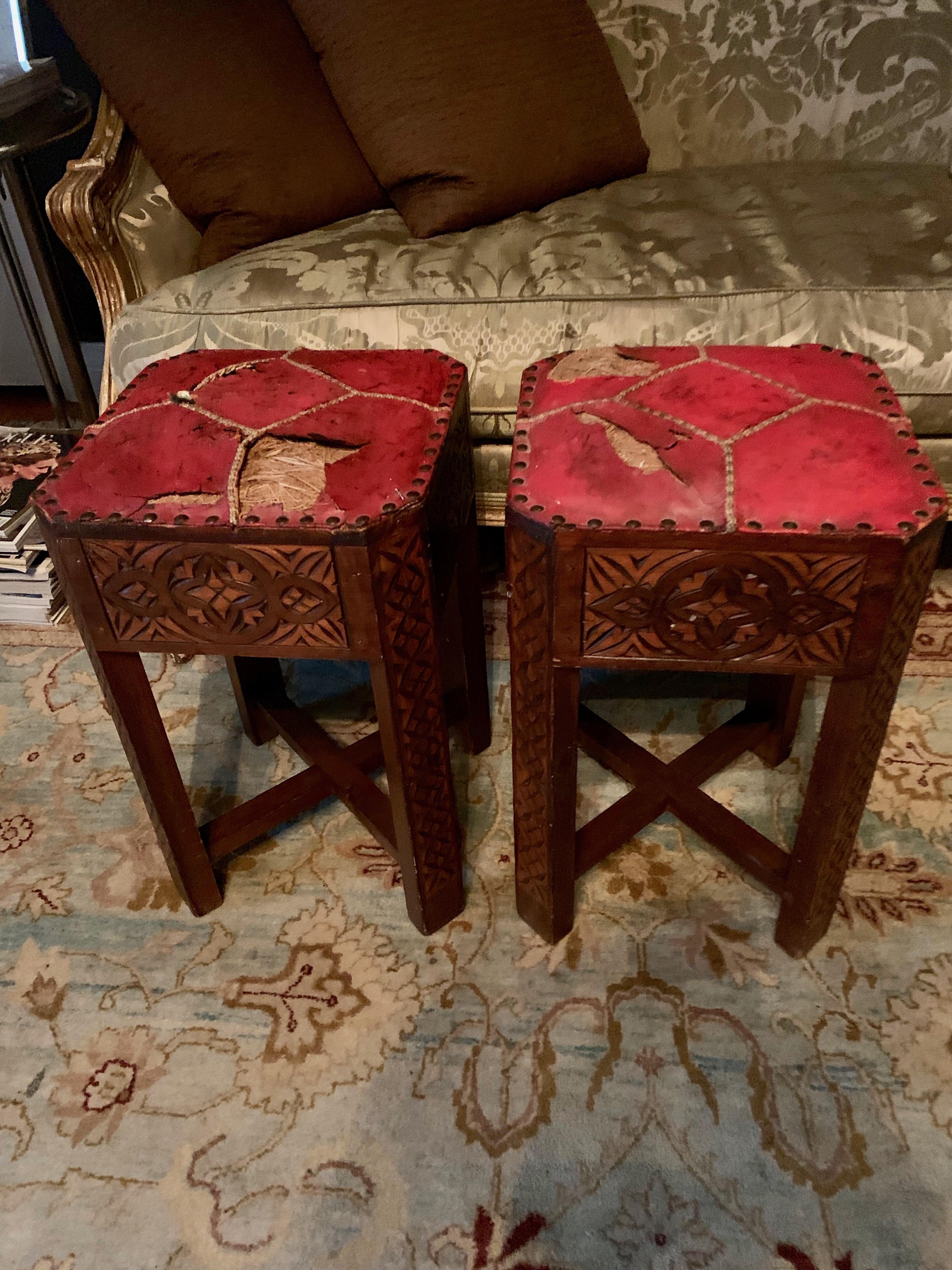 Leather Pair of Hand Carved Arts & Crafts Stools