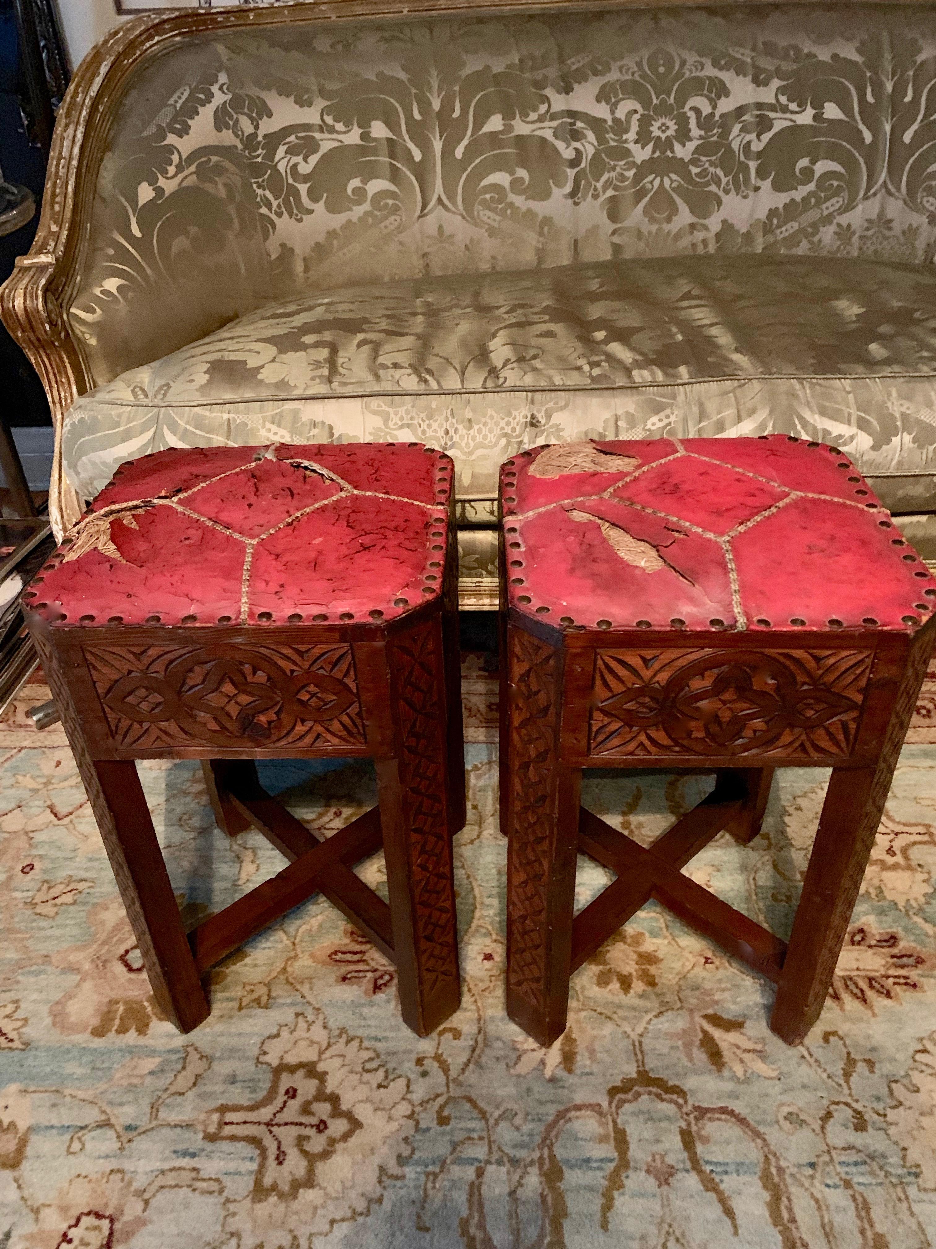 Pair of Hand Carved Arts & Crafts Stools 1