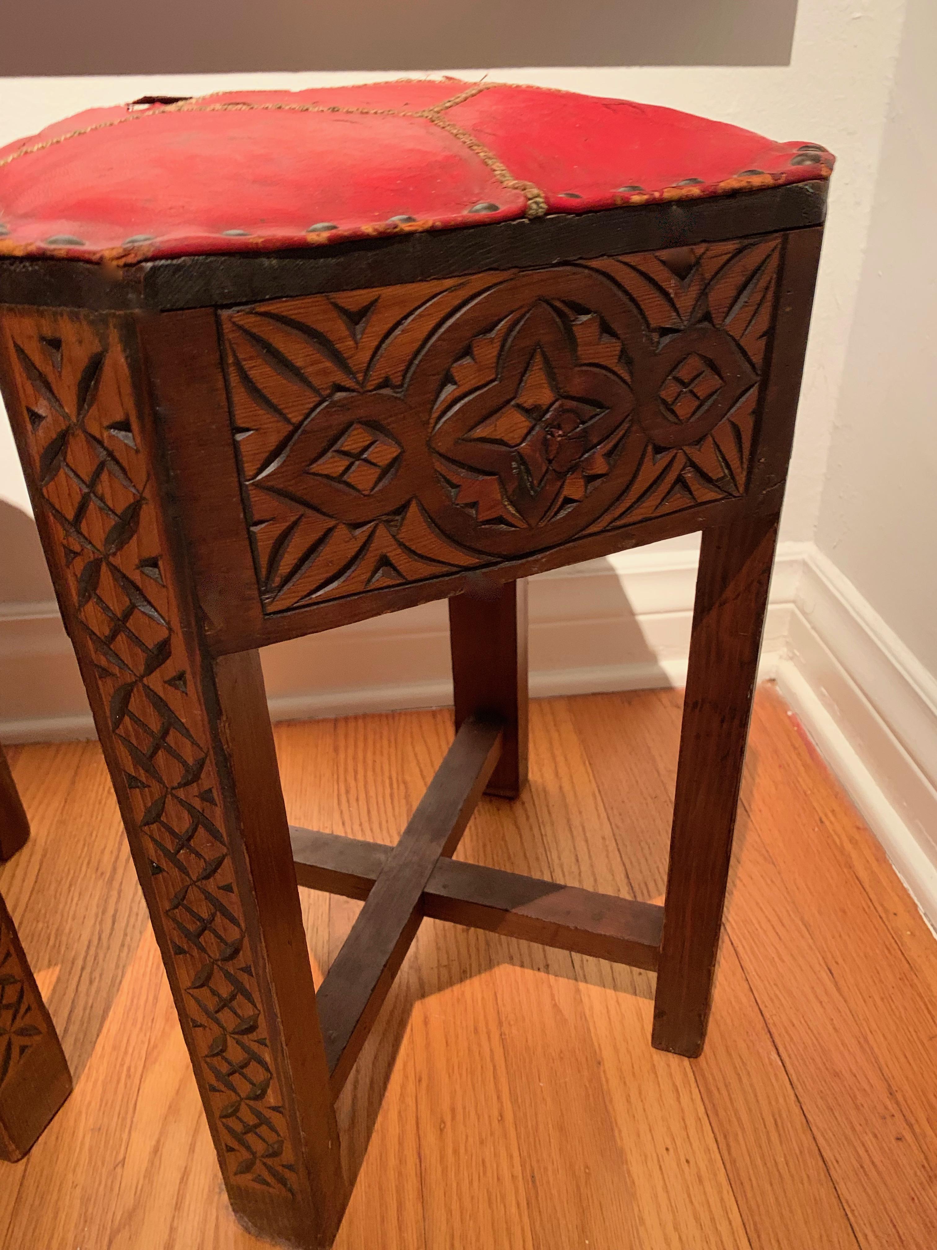 Pair of Hand Carved Arts & Crafts Stools In Distressed Condition In Los Angeles, CA