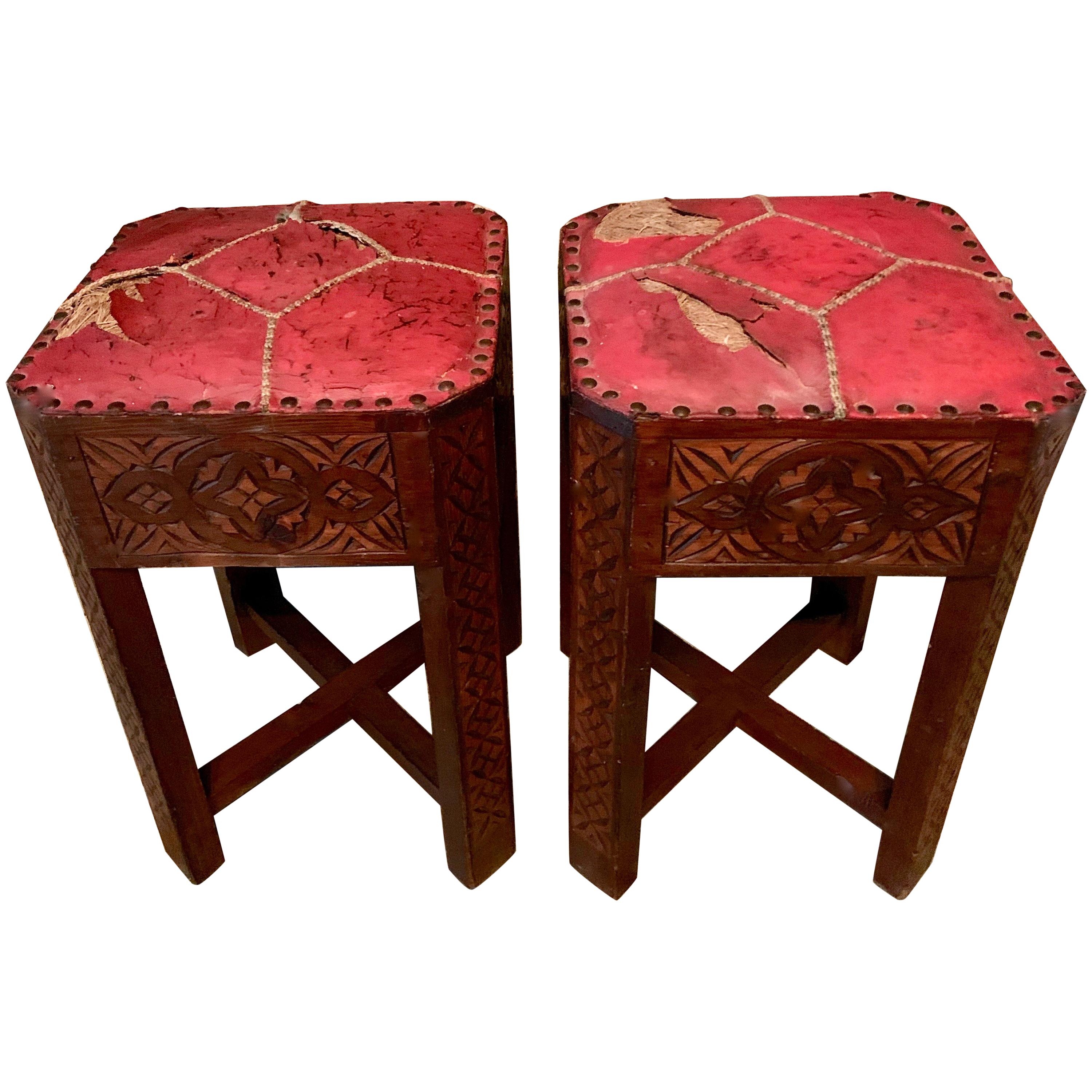 Leather Pair of Hand Carved Arts & Crafts Stools