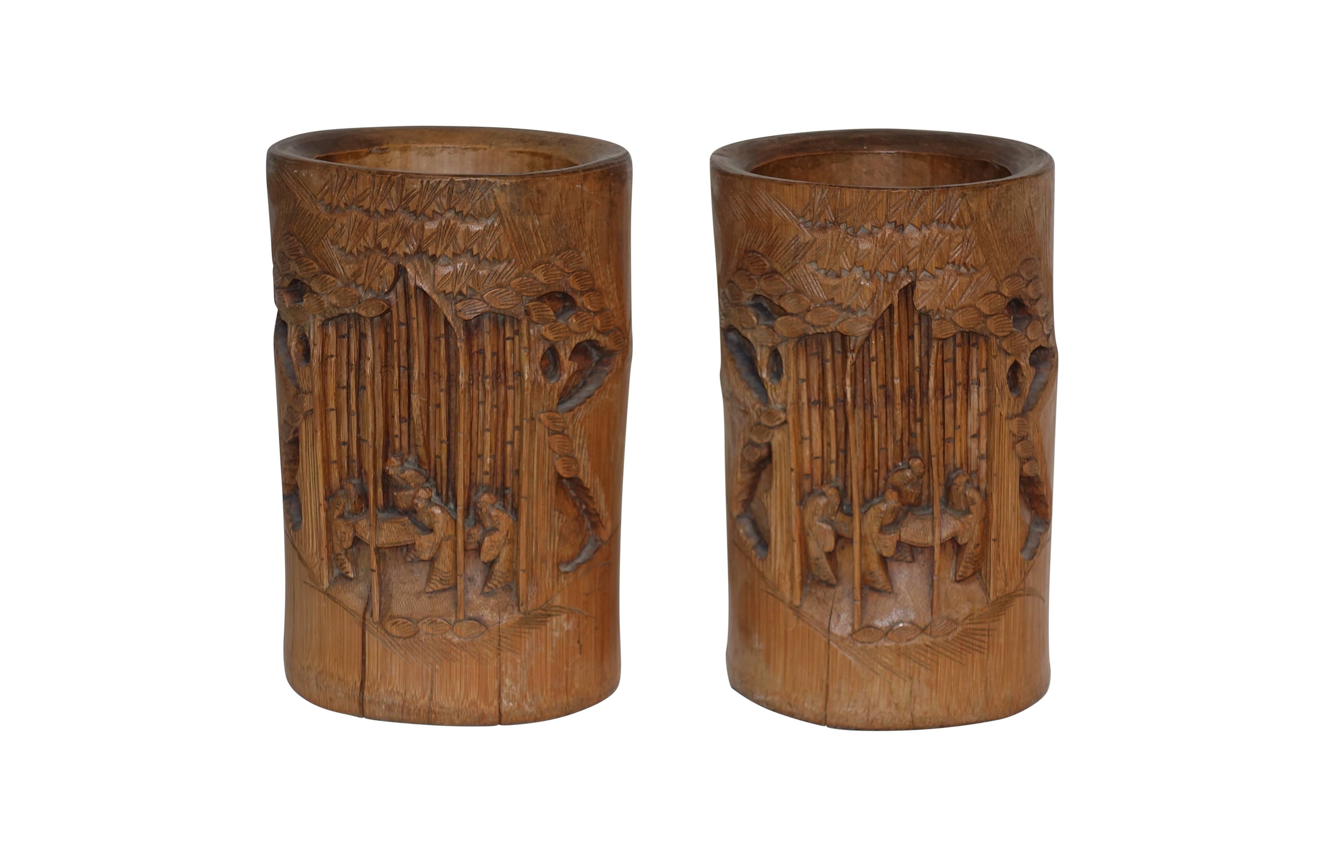 Pair of Hand-Carved Bamboo Brush Pots, Japanese, 19th Century 5