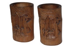 Pair of Hand-Carved Bamboo Brush Pots, Japanese, 19th Century