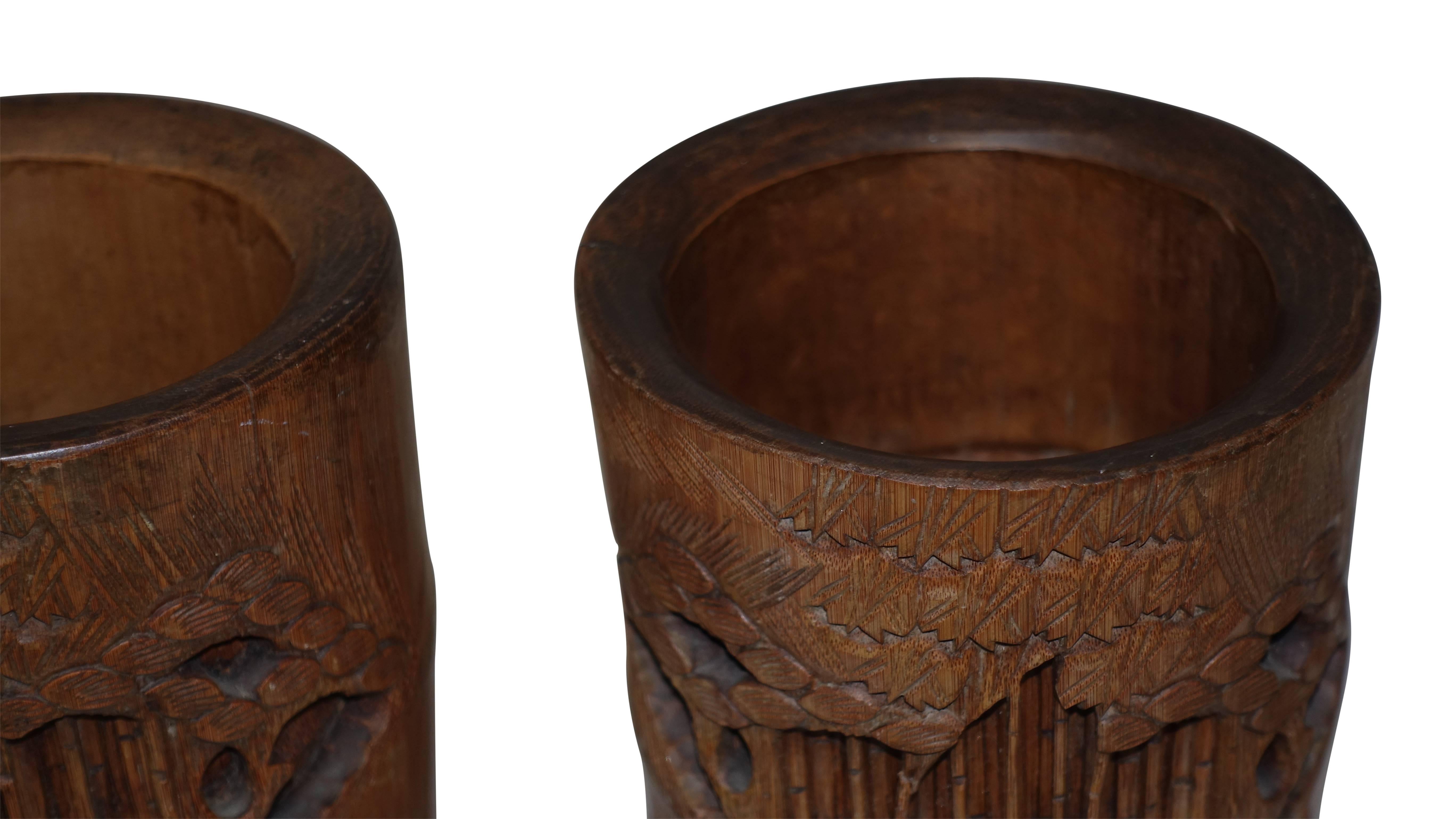 Pair of Hand-Carved Bamboo Brush Pots, Japanese, 19th Century In Good Condition In San Francisco, CA